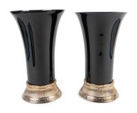 A Pair of Art Deco Style Black Glass Vases on Silvered Metal Bases — 20TH CENTURY