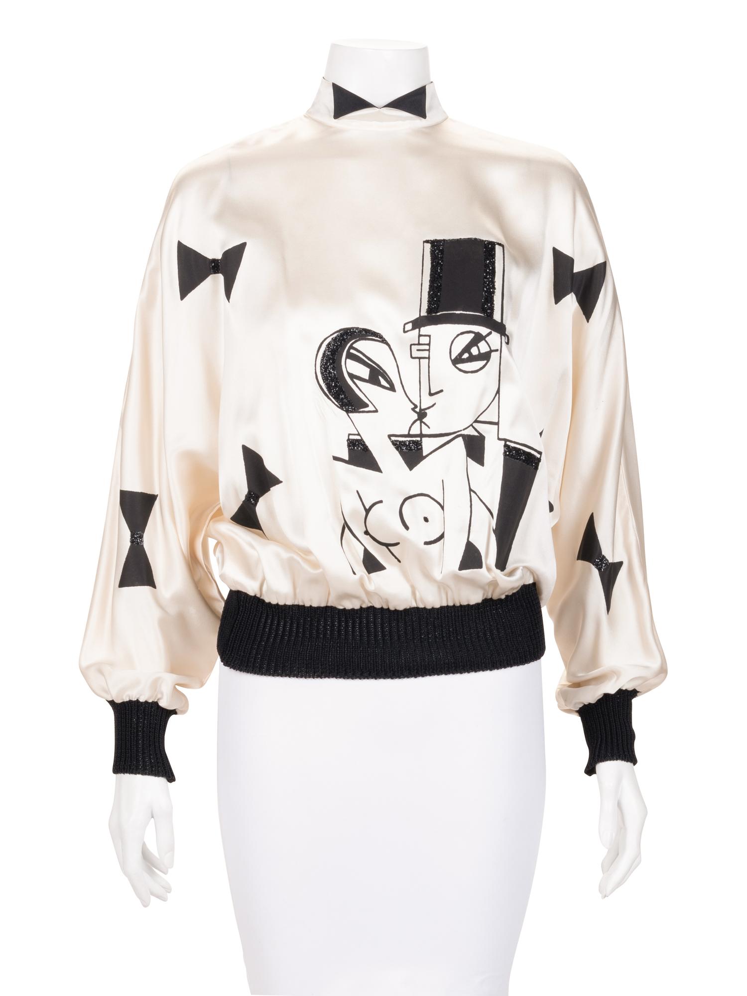 Ellena Hand-Painted Silk Satin Blouse, 1970-80s