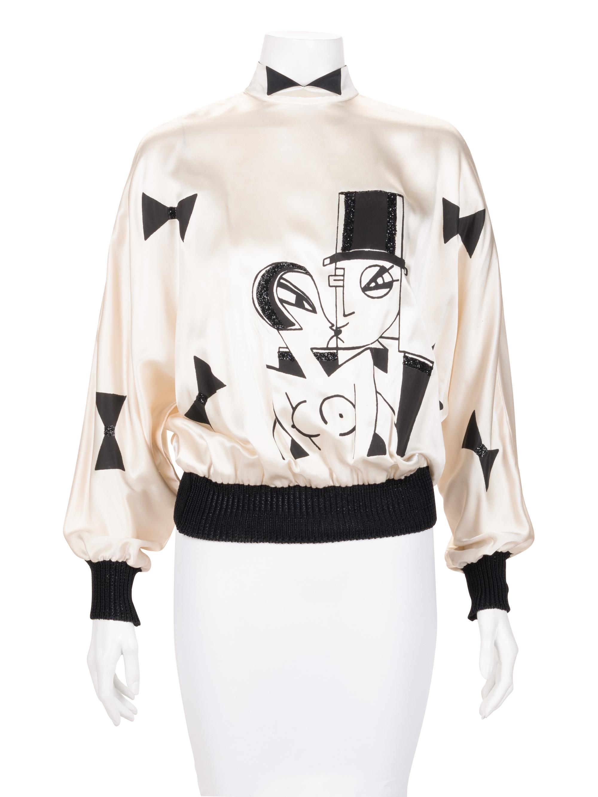 Ellena Hand-Painted Silk Satin Blouse, 1970-80s