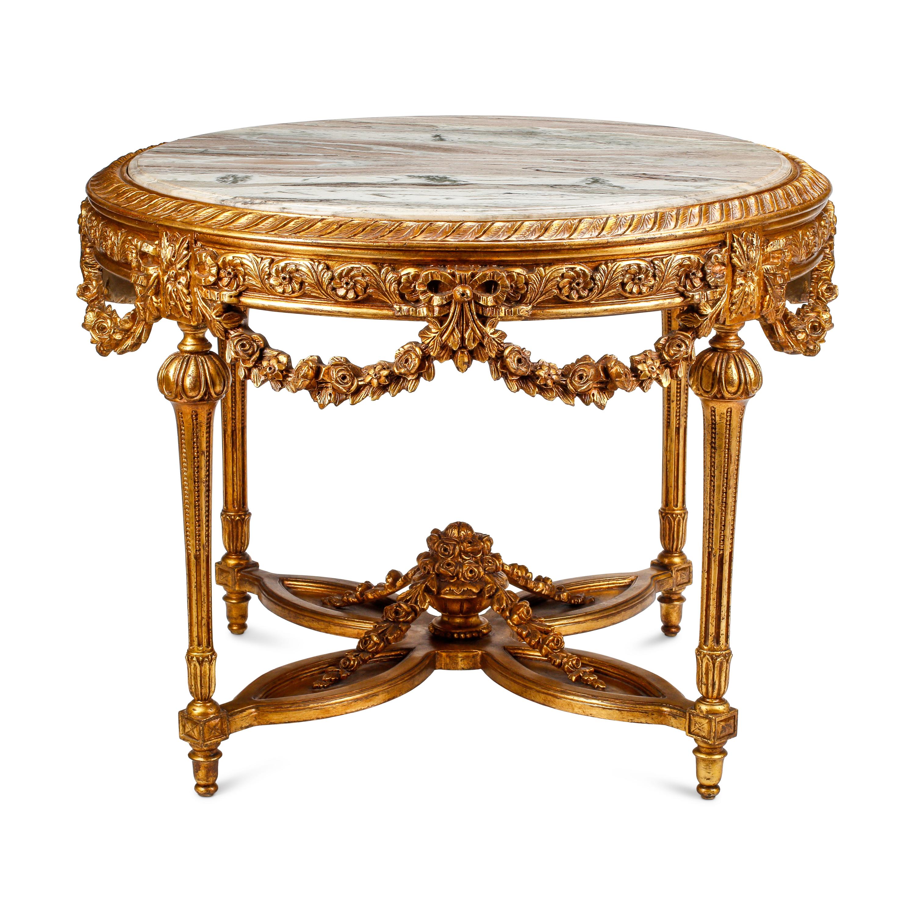 A Louis XVI Style Giltwood Marble-Top Center Table