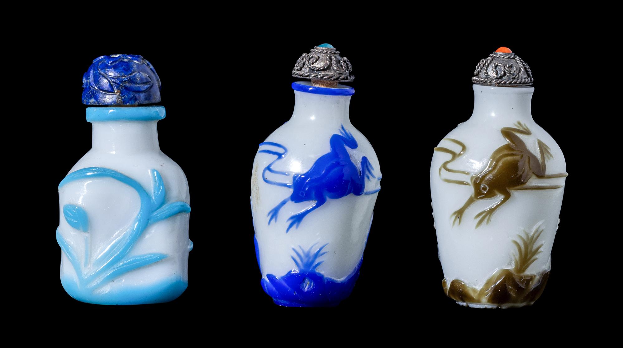 RELEASED TO MUSEUM - Three Chinese Overlay White Glass Snuff Bottles