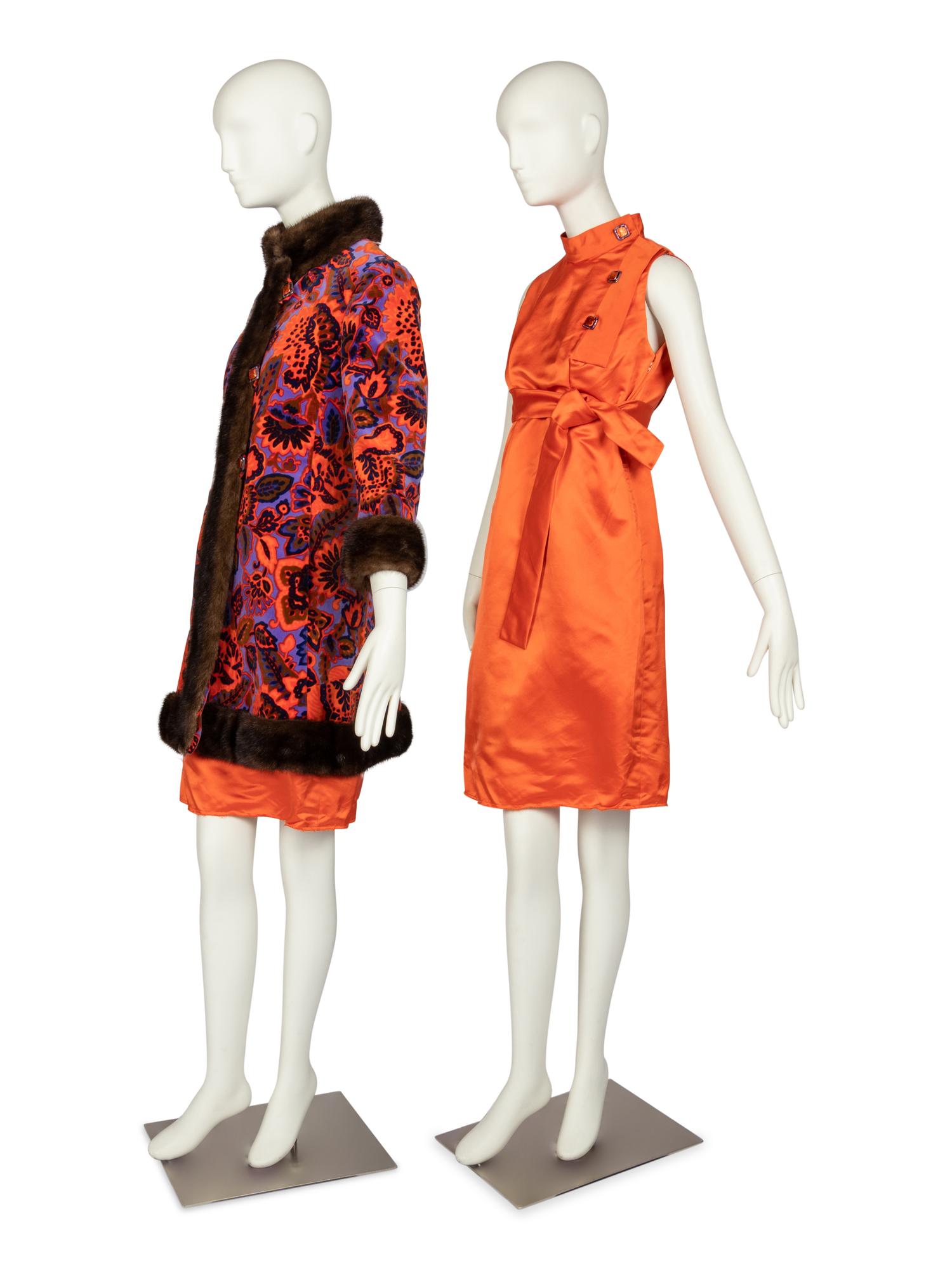 Bill Blass for Maurice Rentner Floral Velvet Coat & Dress Ensemble with Mink Trim, 1960s
