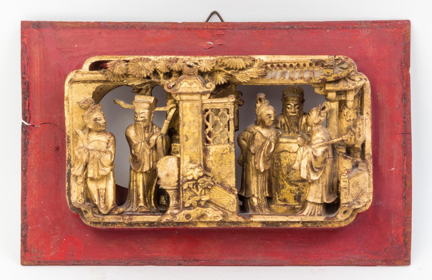 A Group of Four Chinese Gilt and Red Lacquered Wood Panels Height of largest 16 5/8 x width 10 7/8 inches.