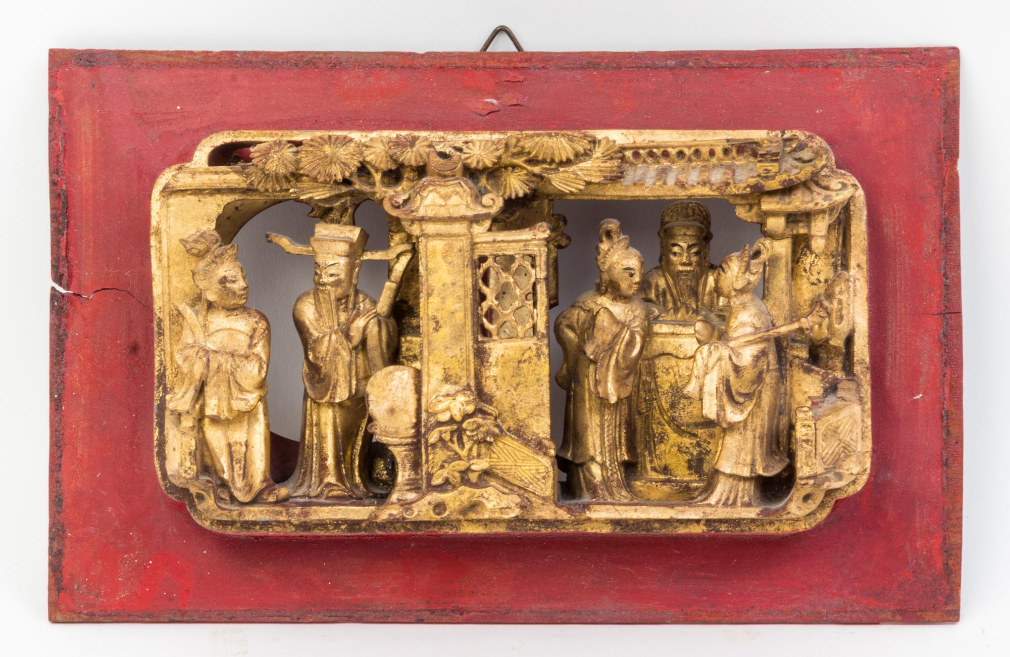 A Group of Four Chinese Gilt and Red Lacquered Wood Panels Height of largest 16 5/8 x width 10 7/8 inches.