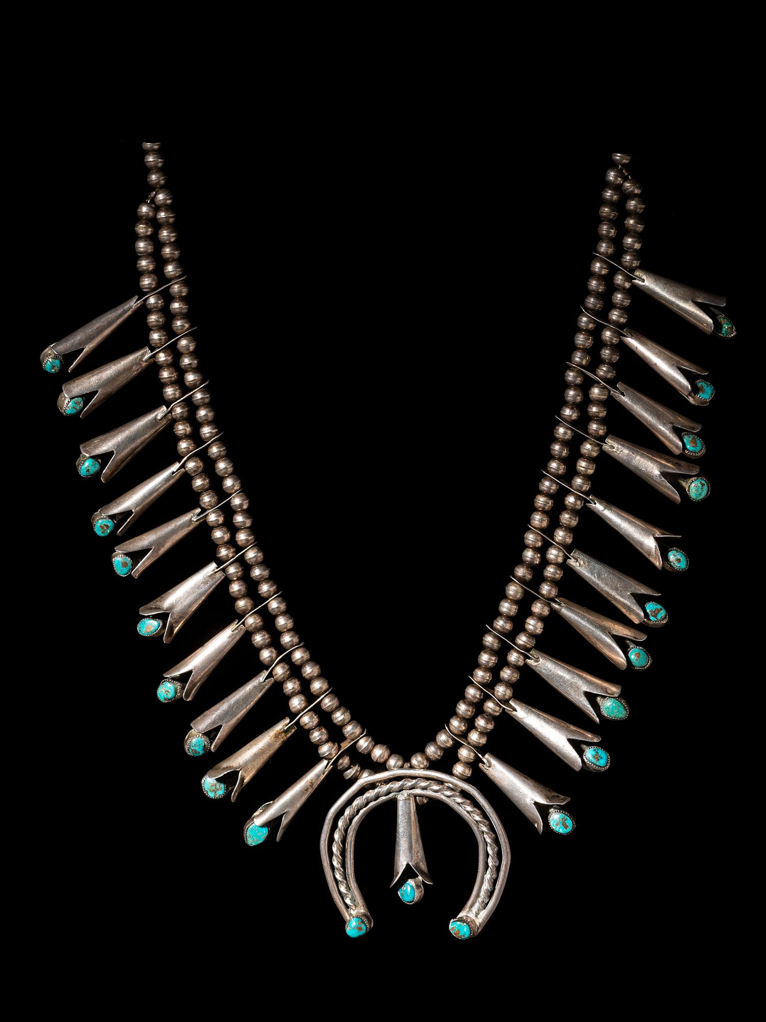 Navajo Silver and Turquoise Squash Blossom Necklace