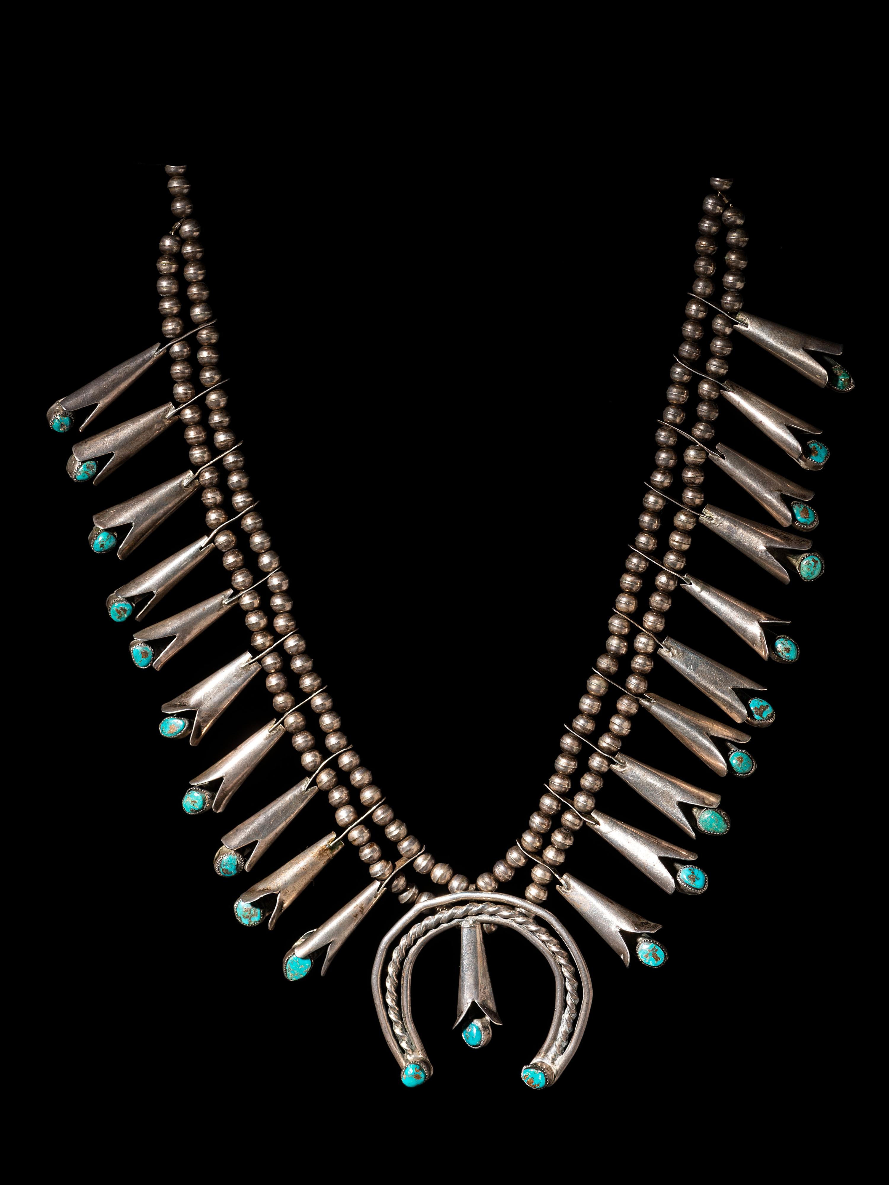 Navajo Silver and Turquoise Squash Blossom Necklace