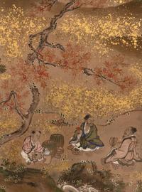 A Japanese Painted Paper Six-Panel Screen
