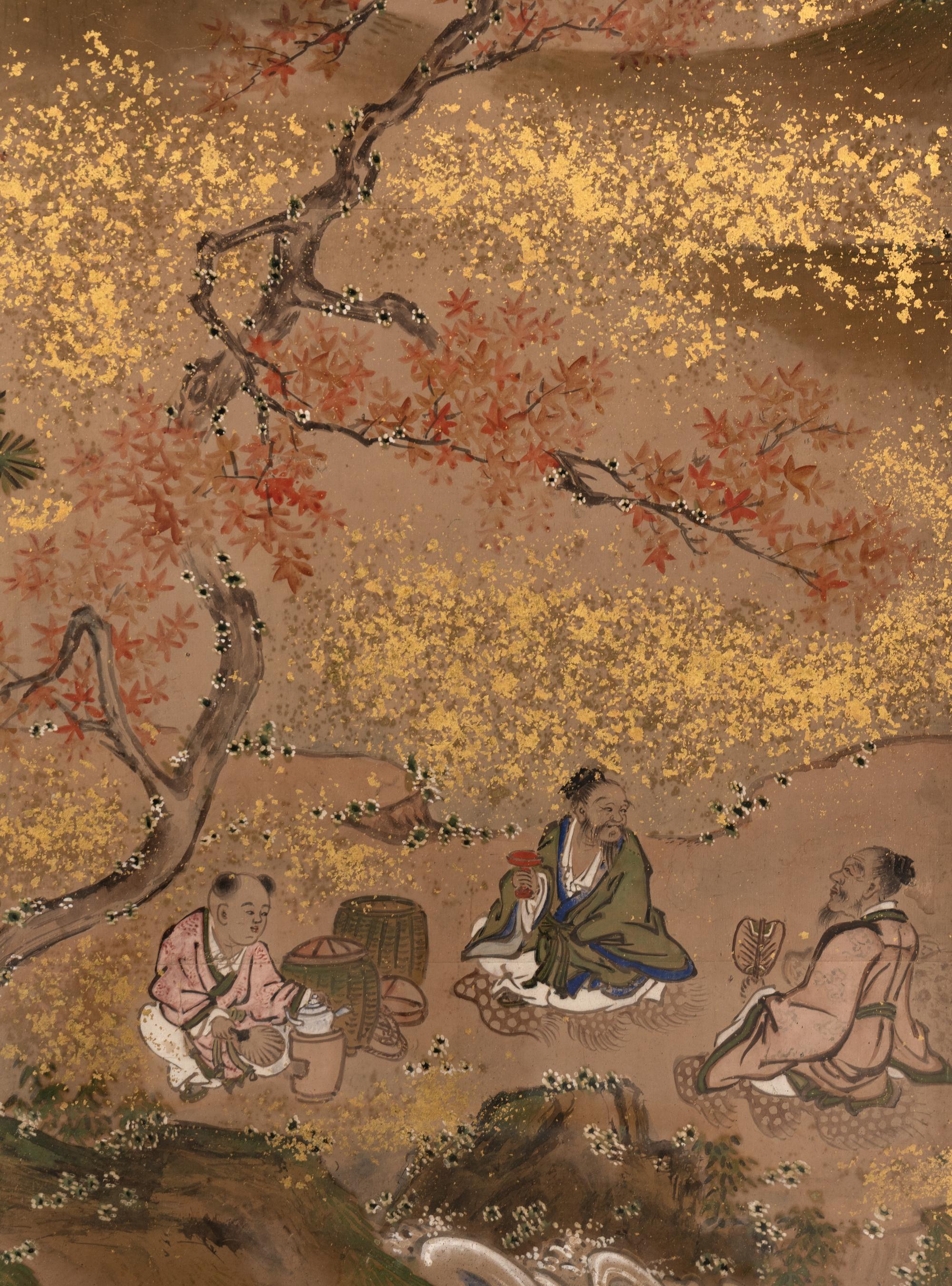 A Japanese Painted Paper Six-Panel Screen