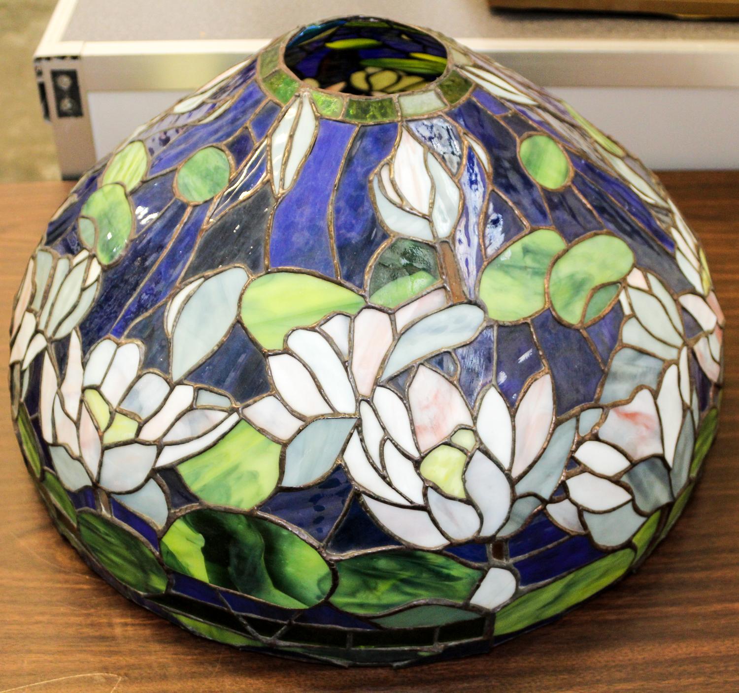 A Japanese Bronze Lamp with an Associated American Leaded Glass Shade Height overall 47 1/2 inches.
