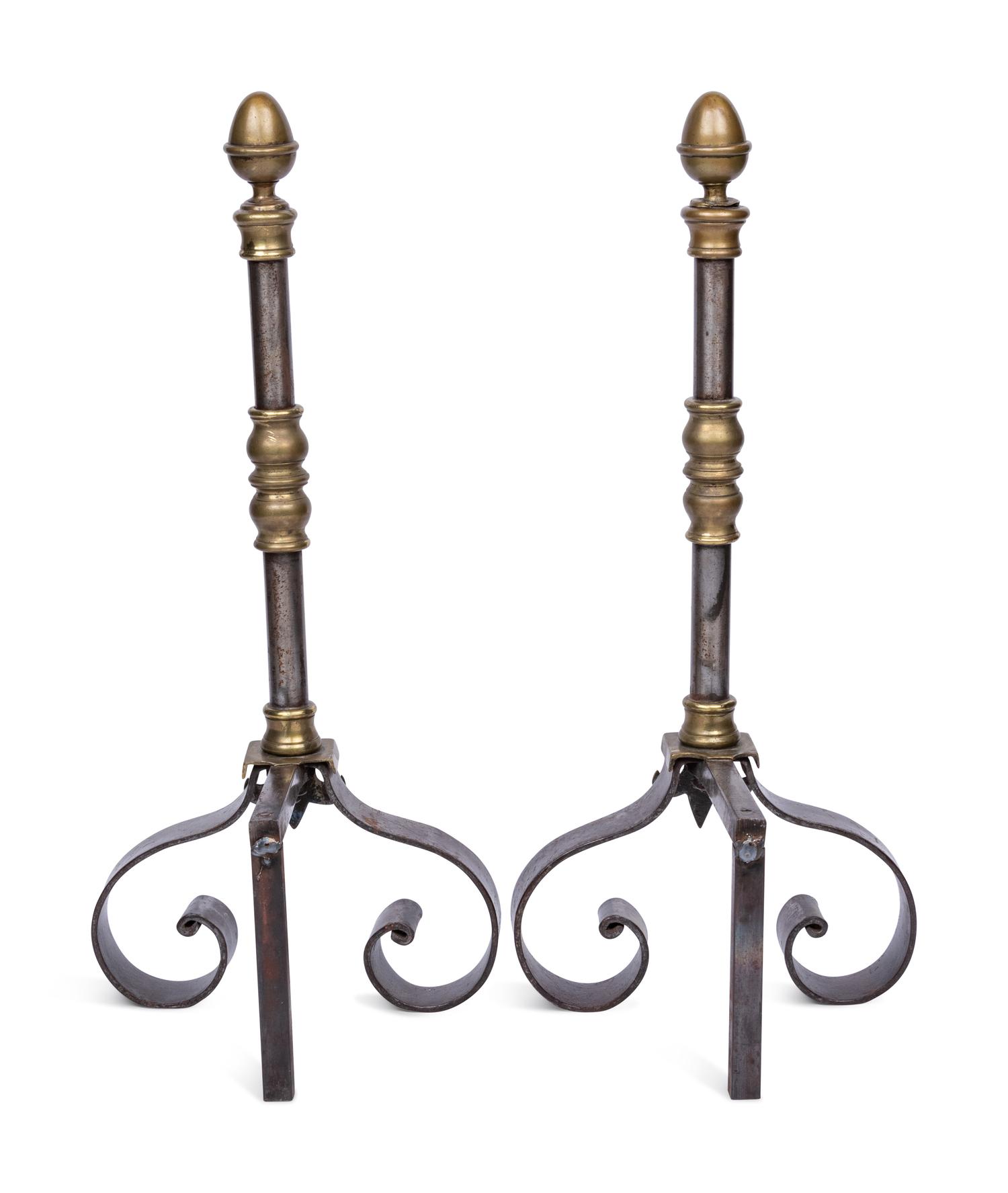 A Pair of English Brass and Steel Andirons