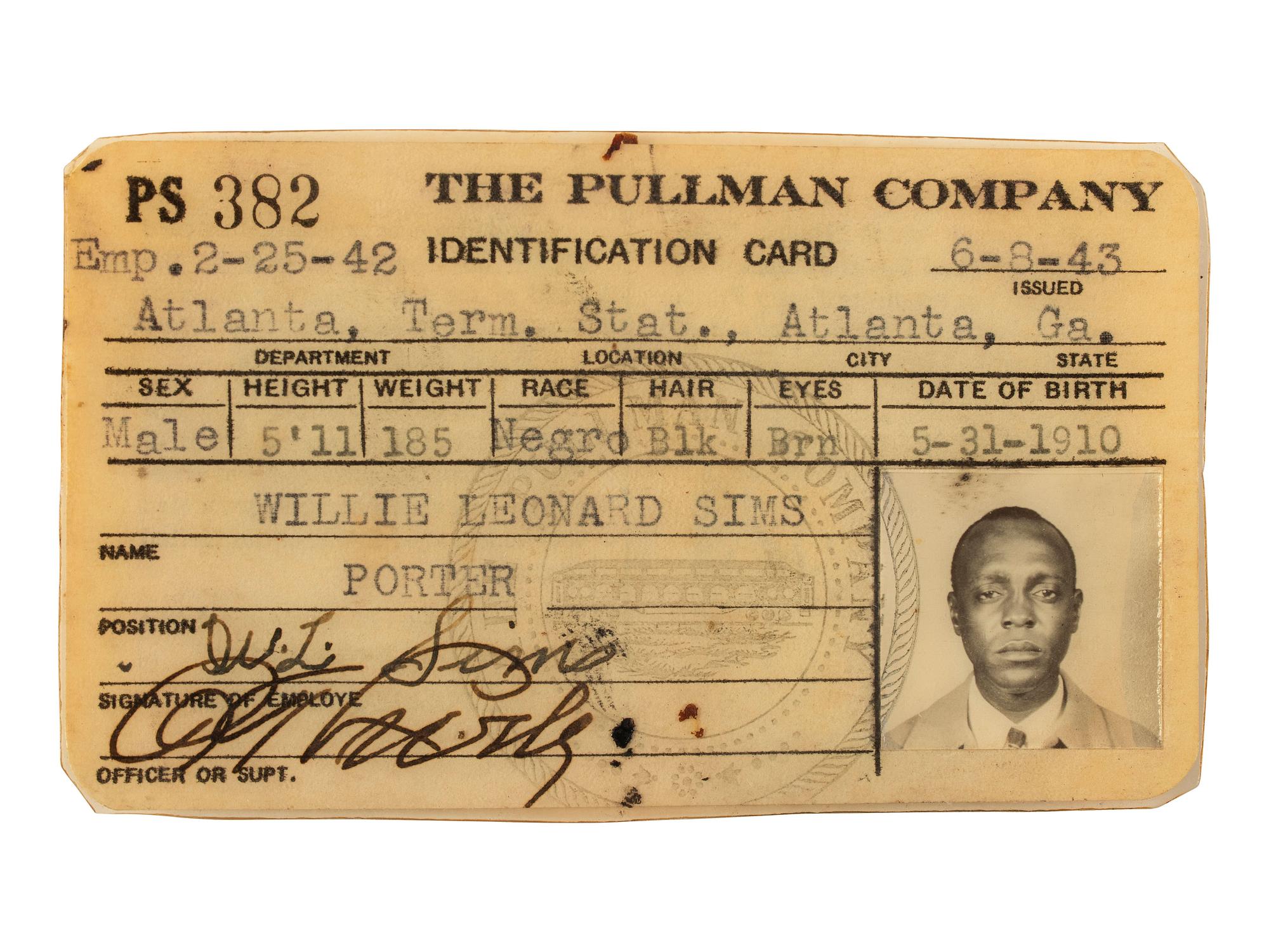 [OCCUPATIONAL]. Pullman Porter collection identified to Willie Leonard Sims (1910-1969), incl. uniform cap, ID card, documents, and photographs.