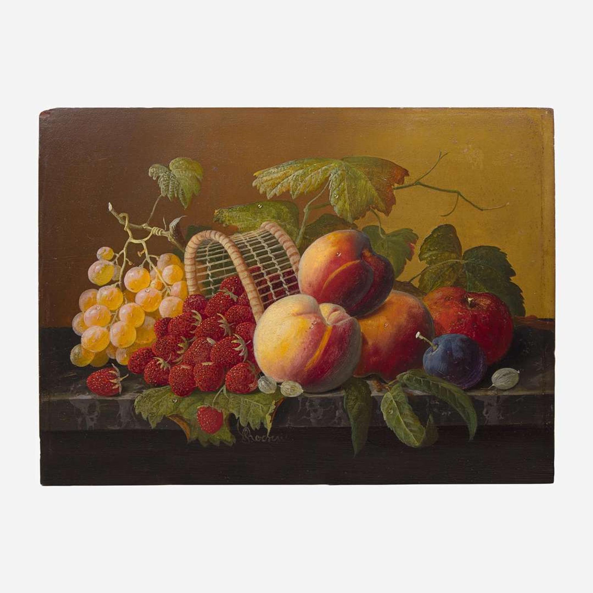 Severin Roesen (American, 1815-1872) Still Life with Strawberries, Peaches and Grapes on a Veined Marble Top