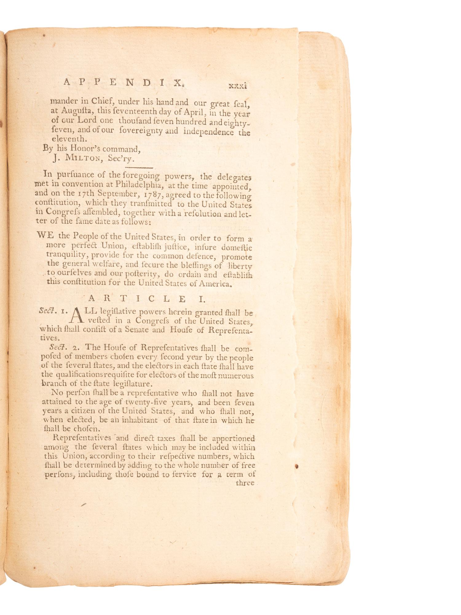 18th Century Americana [REVOLUTIONARY WAR] -- [CONTINENTAL CONGRESS]. Journal of the United States in Congress as­sembled: containing the Proceedings from the 5th Day of November, 1787 to the third Day of November, 1788 . Volume XIII . [Philadelphia]: John Dunlap, [1788].