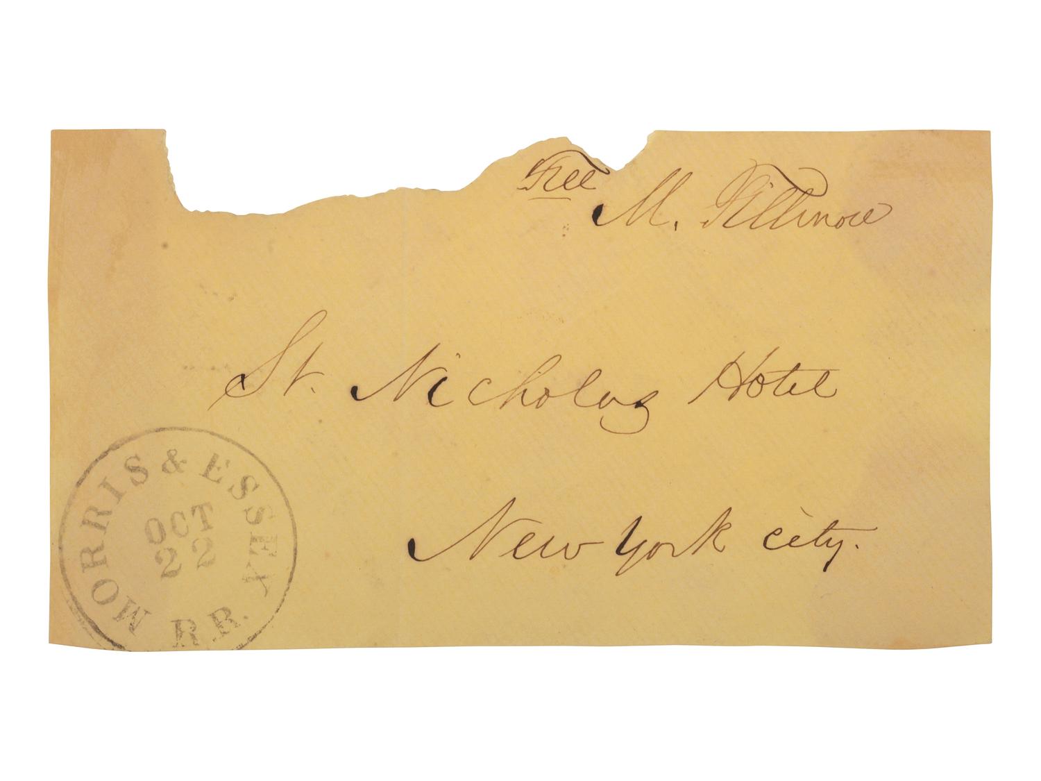 FILLMORE, Millard (1800-1874). Address panel with autograph free frank signed ("M. Fillmore"). Addressed to St. Nicholas Hotel, New York City, postmarked Morris & Essex Railroad, 22 October.
