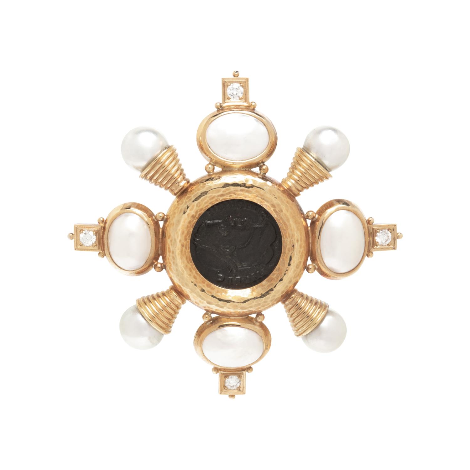 ELIZABETH GAGE, ANCIENT COIN, CULTURED PEARL, AND DIAMOND BROOCH
