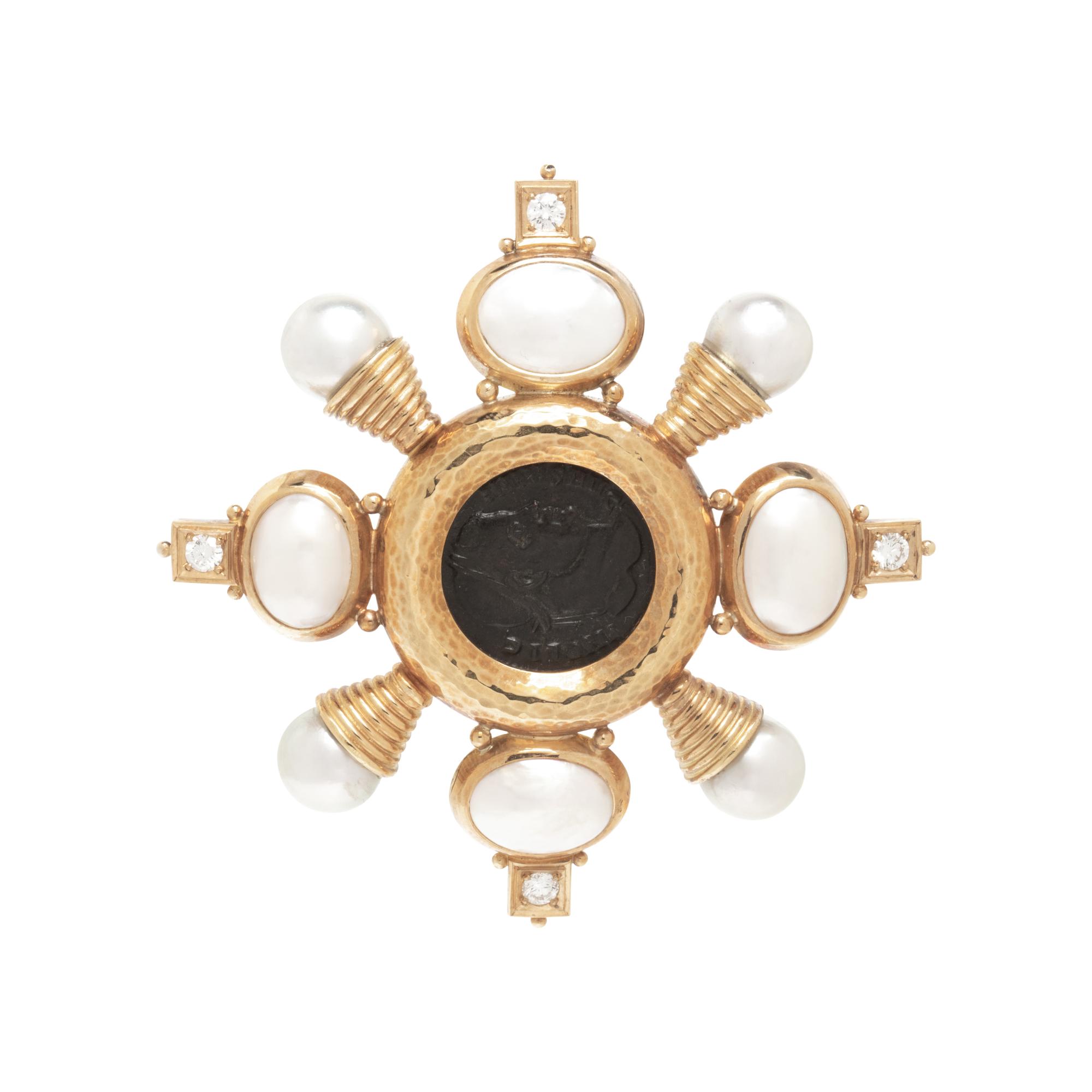 ELIZABETH GAGE, ANCIENT COIN, CULTURED PEARL, AND DIAMOND BROOCH