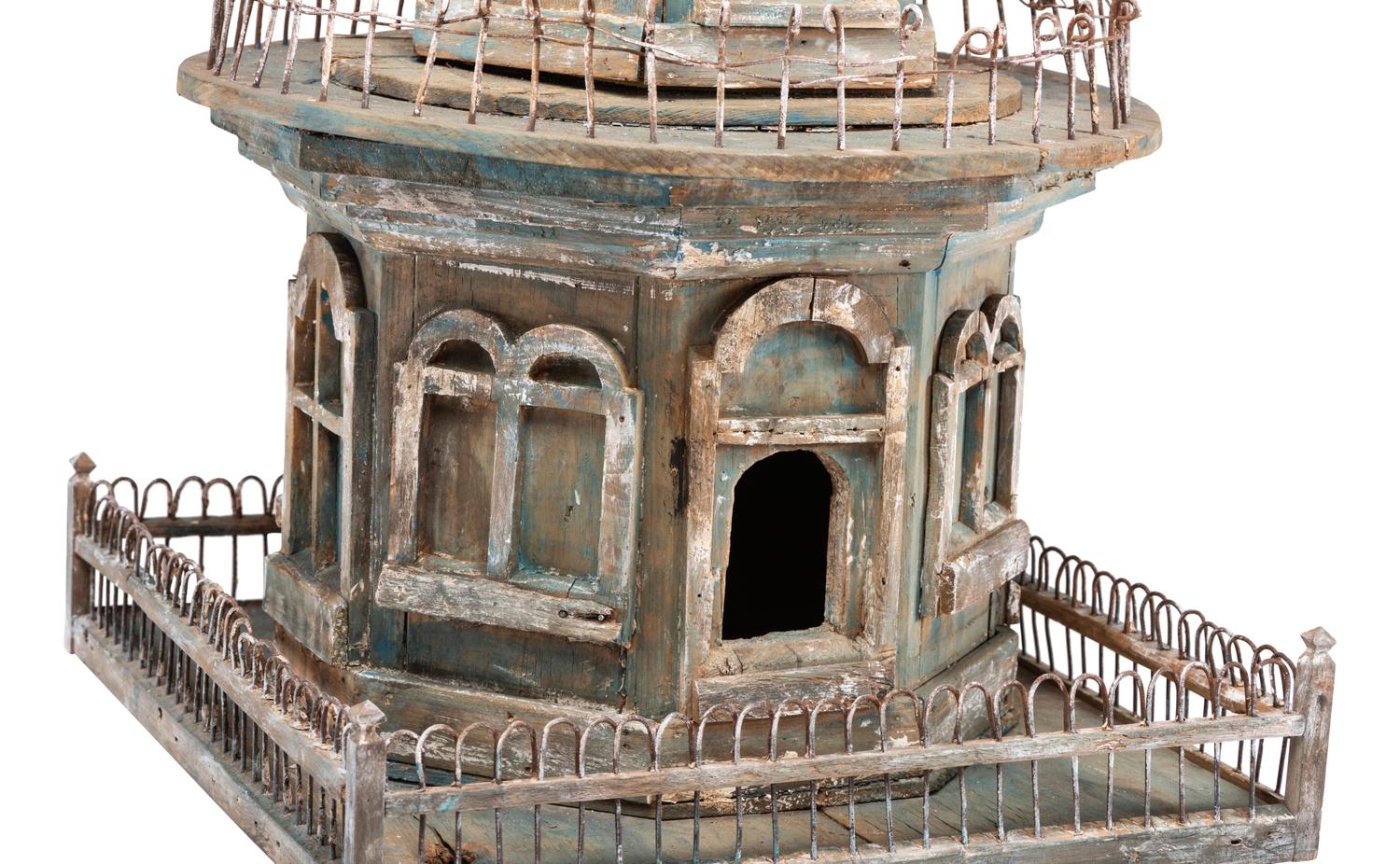 A Victorian Painted Wood and Wire Architectural Whirligig Directional Birdhouse