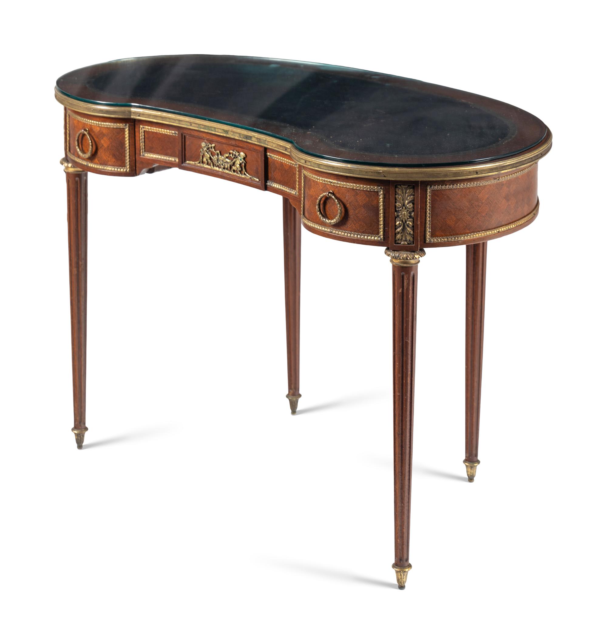 A Louis XVI Style Gilt Bronze Mounted Parquetry Writing Table