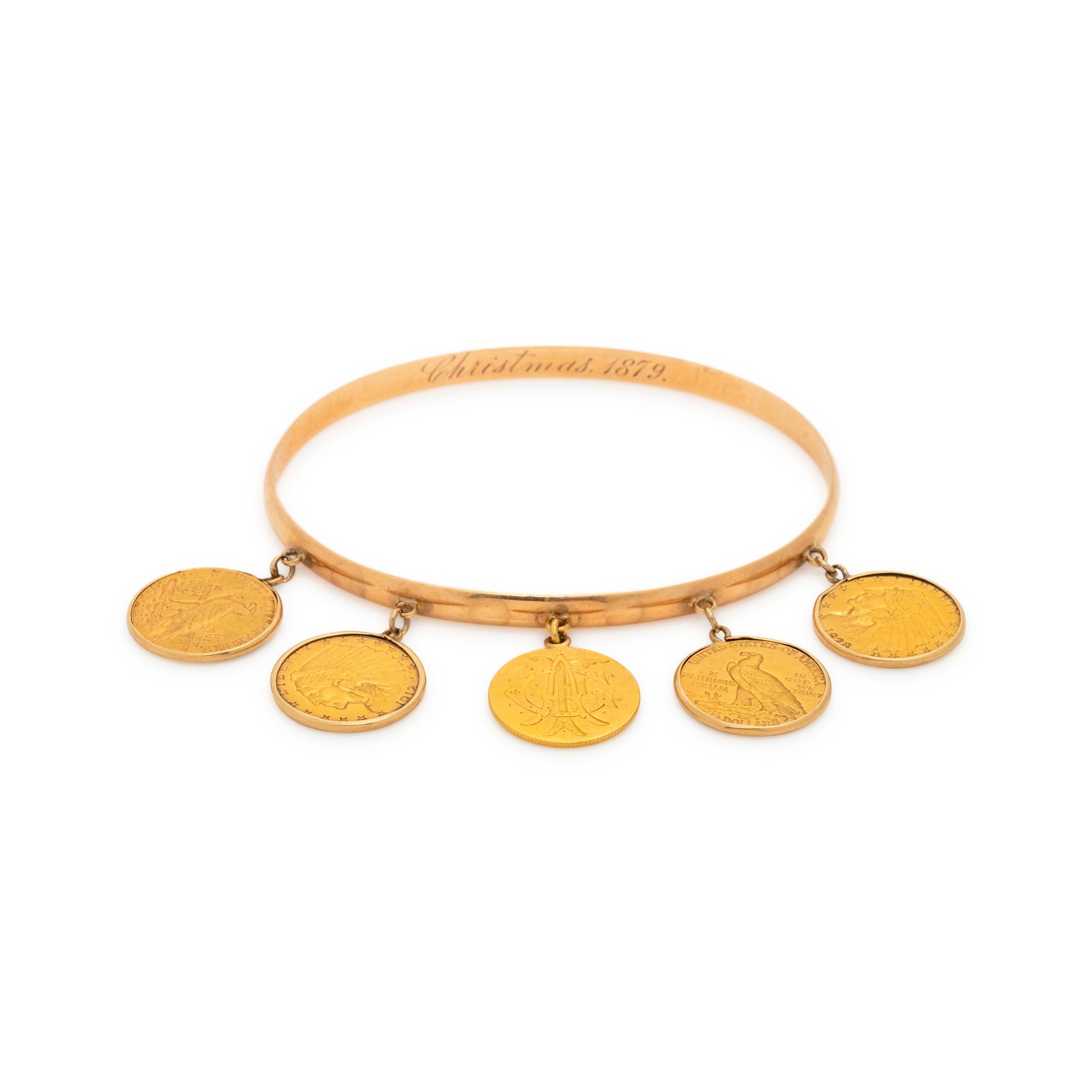 YELLOW GOLD AND COIN BANGLE BRACELET