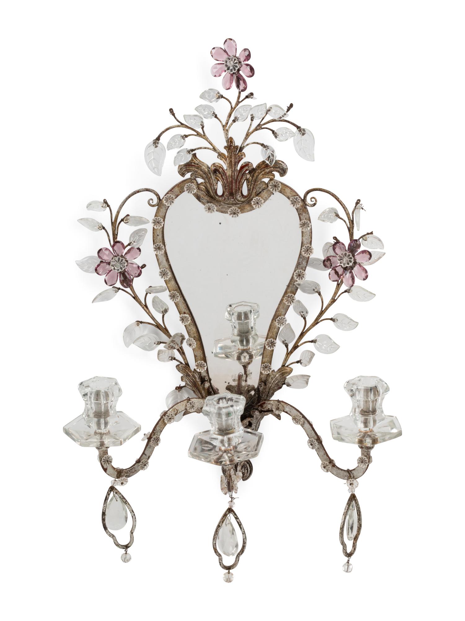 A Pair of Silvered Metal and Glass Three-Light Girandole Mirrors in the Style of Maison Baguès