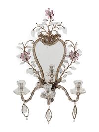 A Pair of Silvered Metal and Glass Three-Light Girandole Mirrors in the Style of Maison Baguès