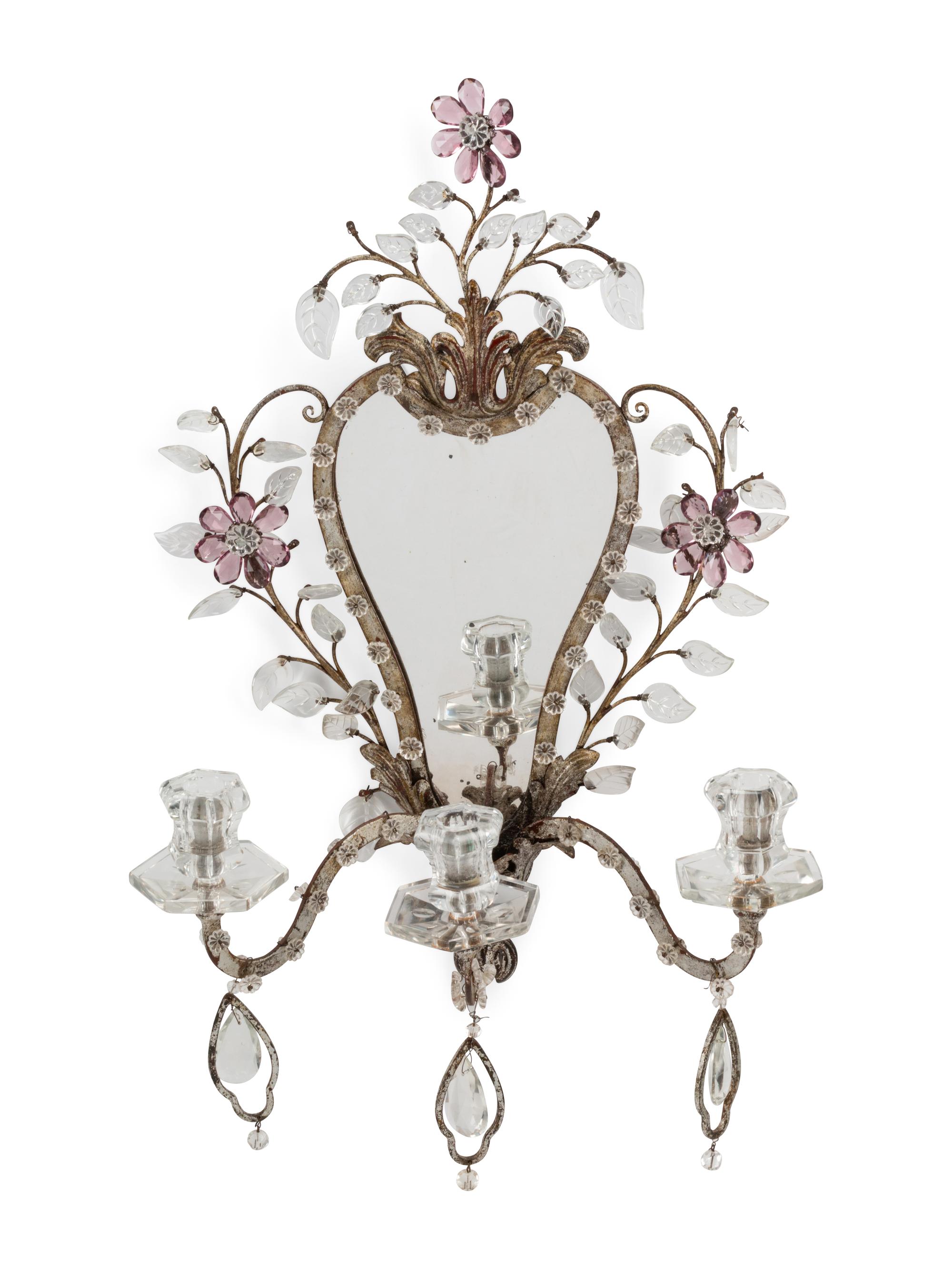 A Pair of Silvered Metal and Glass Three-Light Girandole Mirrors in the Style of Maison Baguès