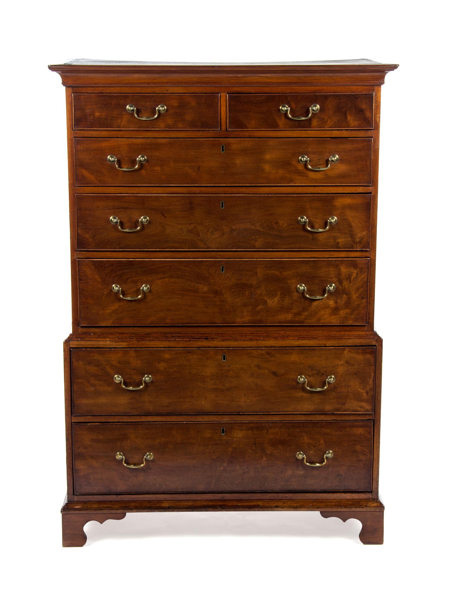 A George III Mahogany Chest on Chest, LATE 18TH/EARLY 19TH CENTURY, Height 59 1/4 x width 40 1/2 x depth 20 inches. — LATE 18TH/EARLY 19TH CENTURY,