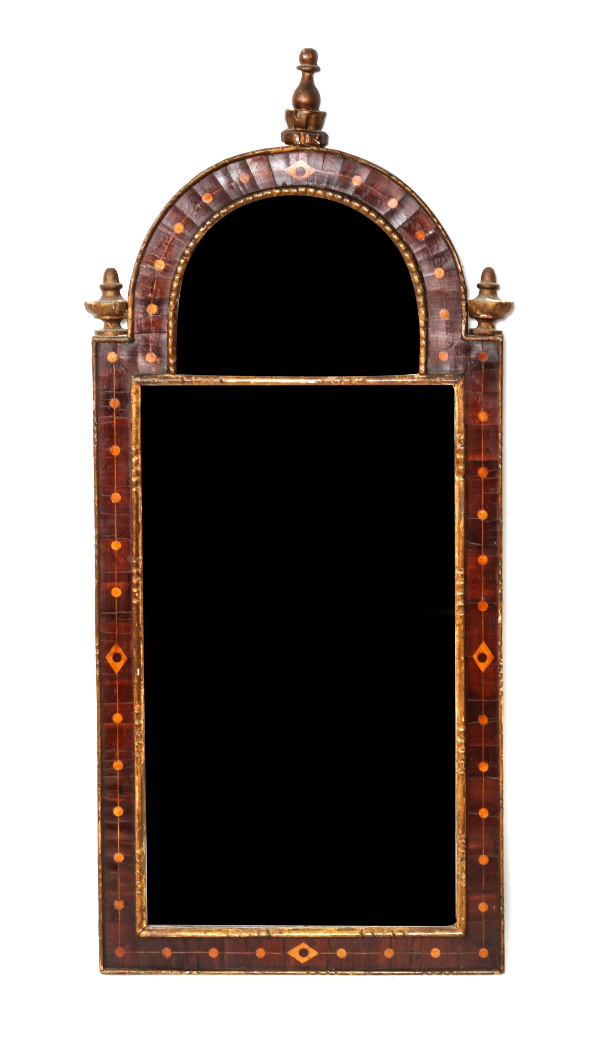 A Continental Mahogany and Satinwood Mirror Height 41 x width 17 3/4 inches