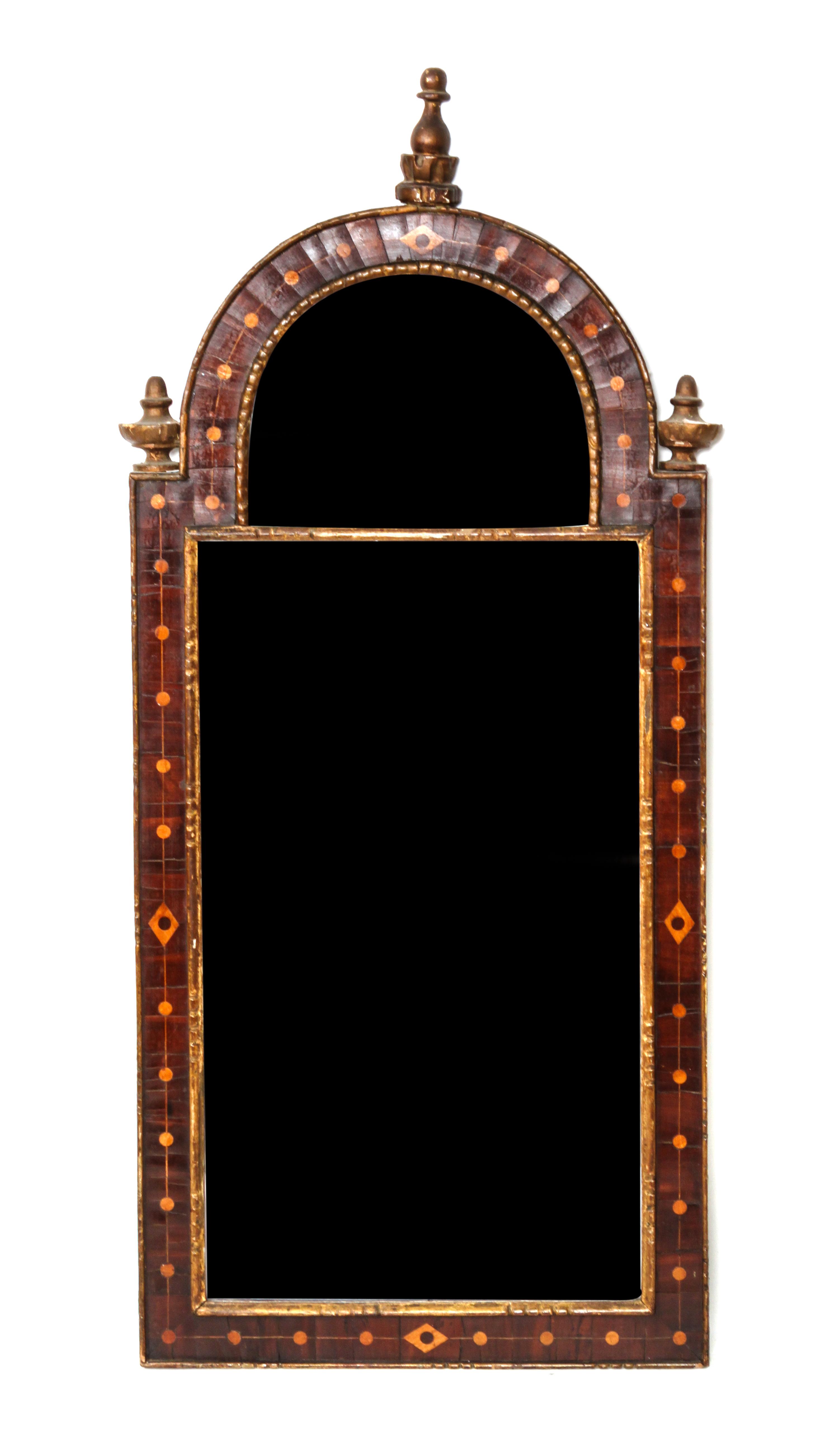 A Continental Mahogany and Satinwood Mirror Height 41 x width 17 3/4 inches