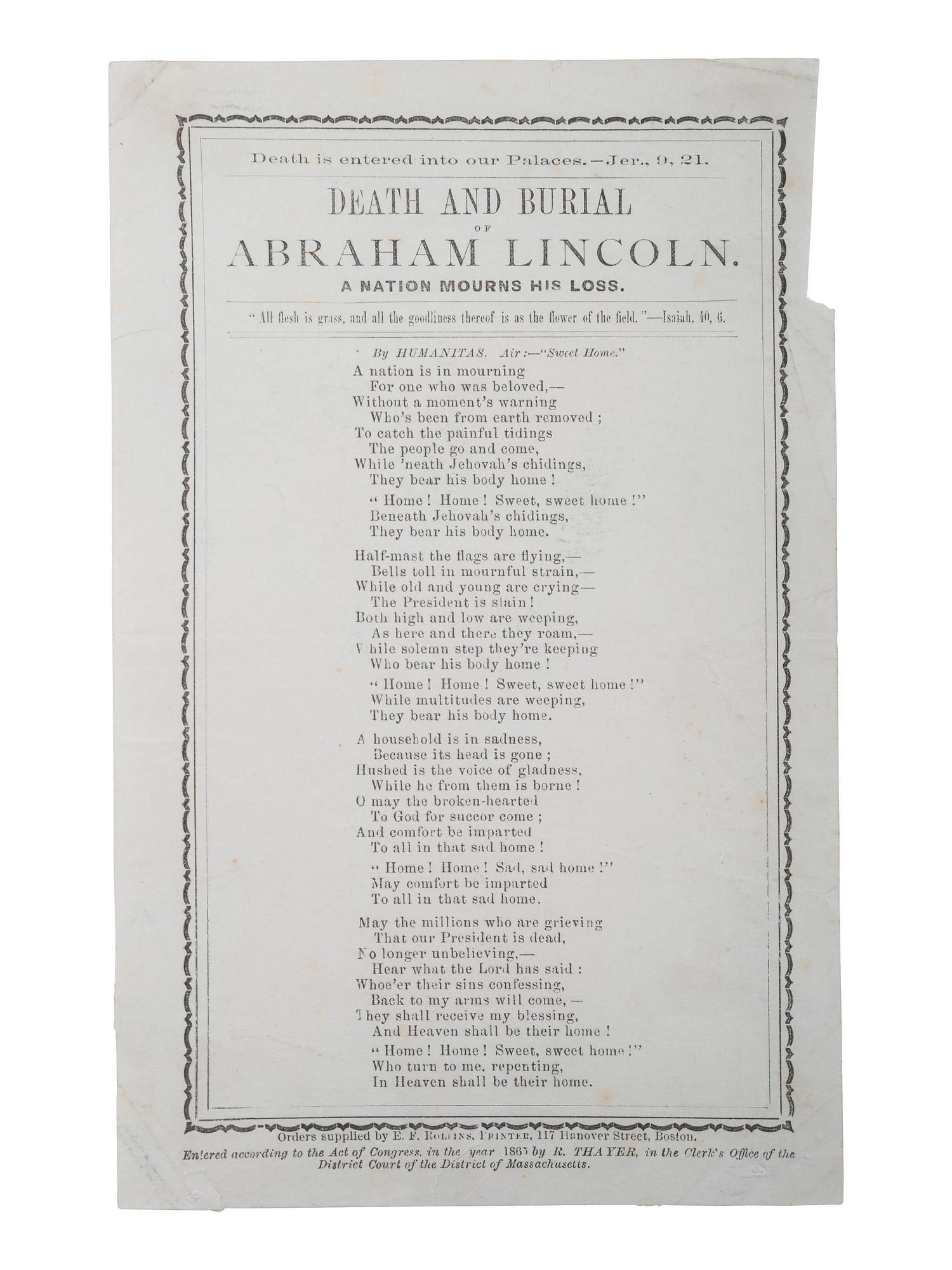 [LINCOLN ASSASSINATION]. Newspapers and ephemera associated with Lincoln's death & funeral.