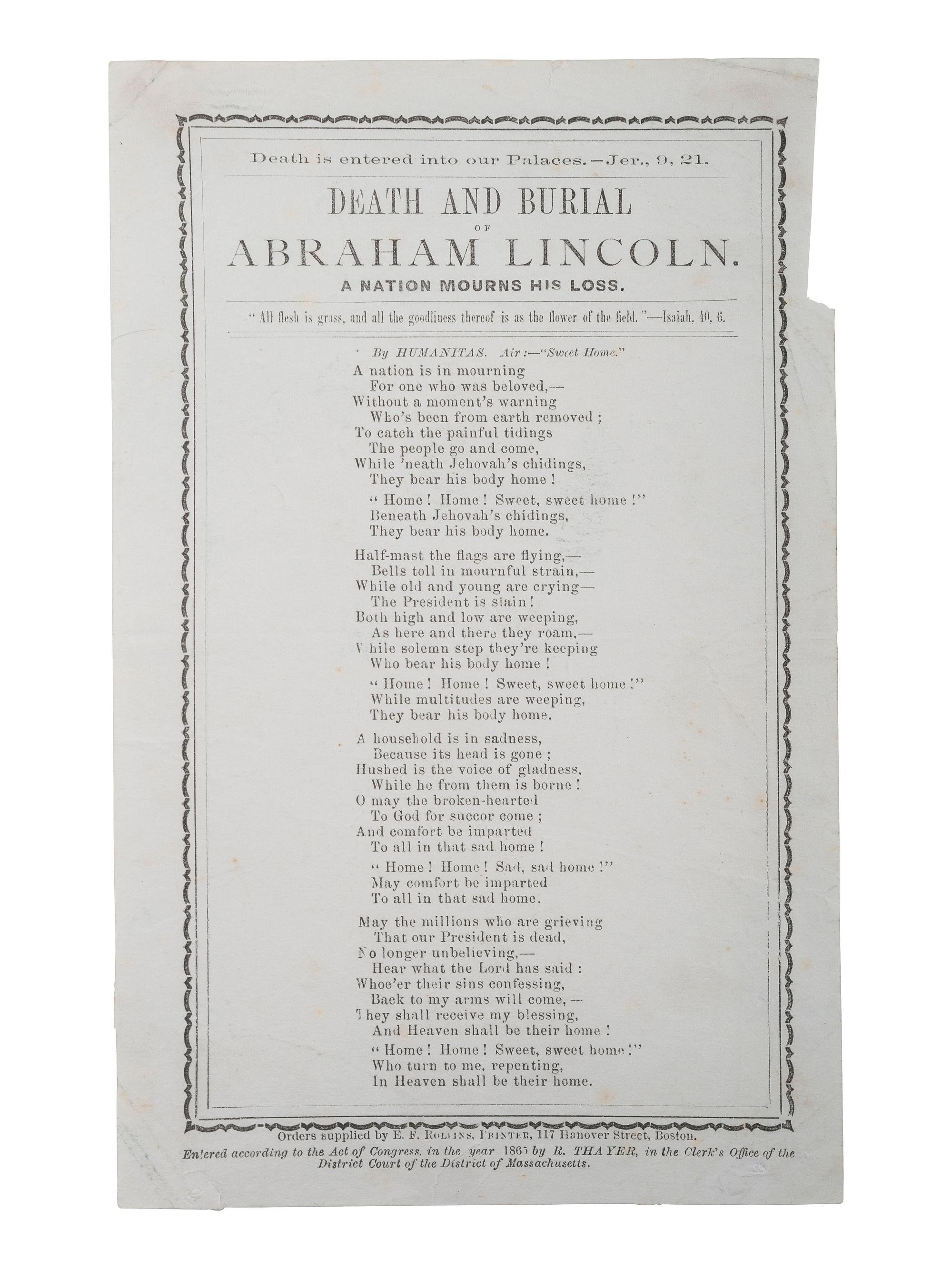 [LINCOLN ASSASSINATION]. Newspapers and ephemera associated with Lincoln's death & funeral.