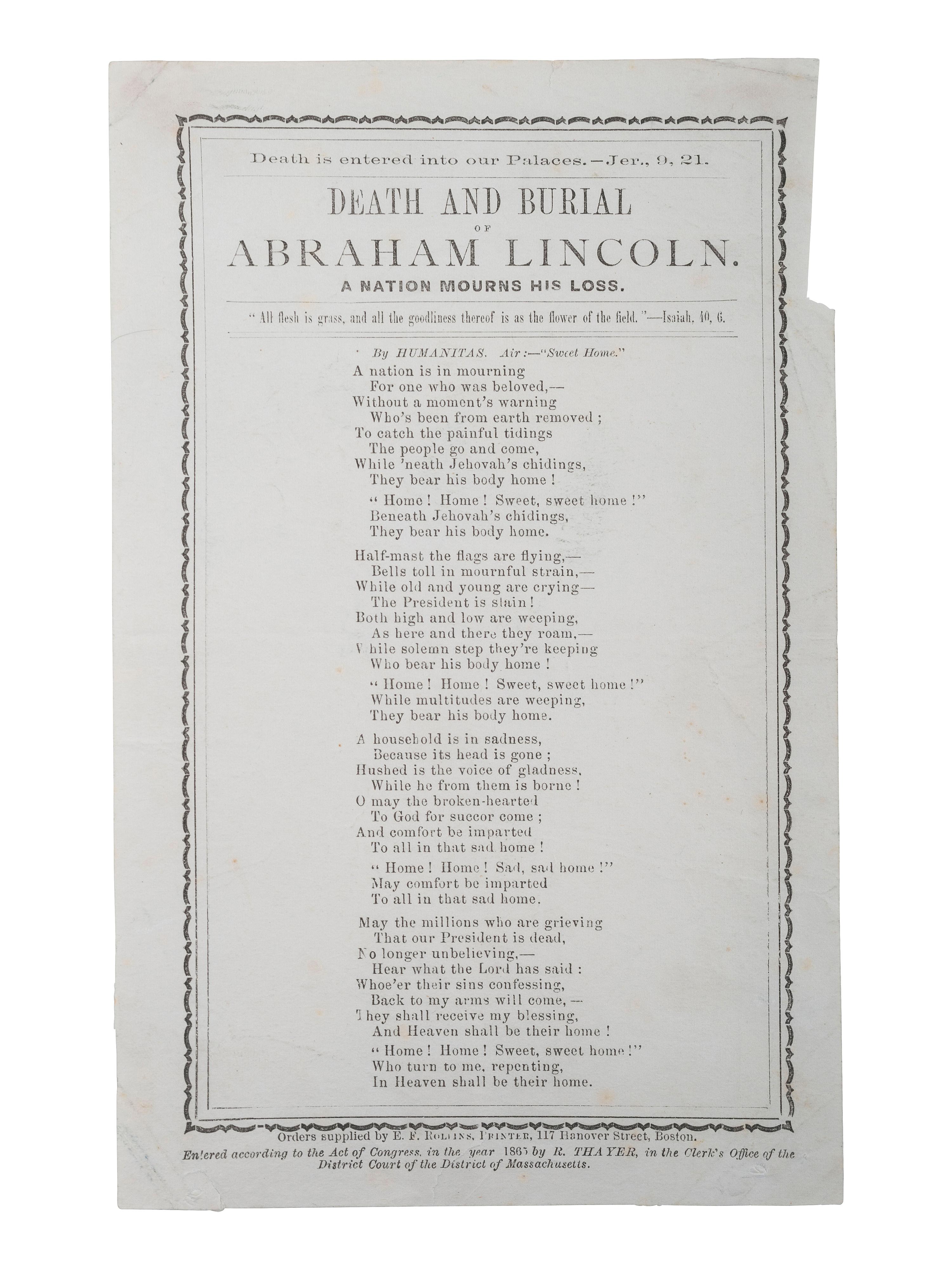 [LINCOLN ASSASSINATION]. Newspapers and ephemera associated with Lincoln's death & funeral.