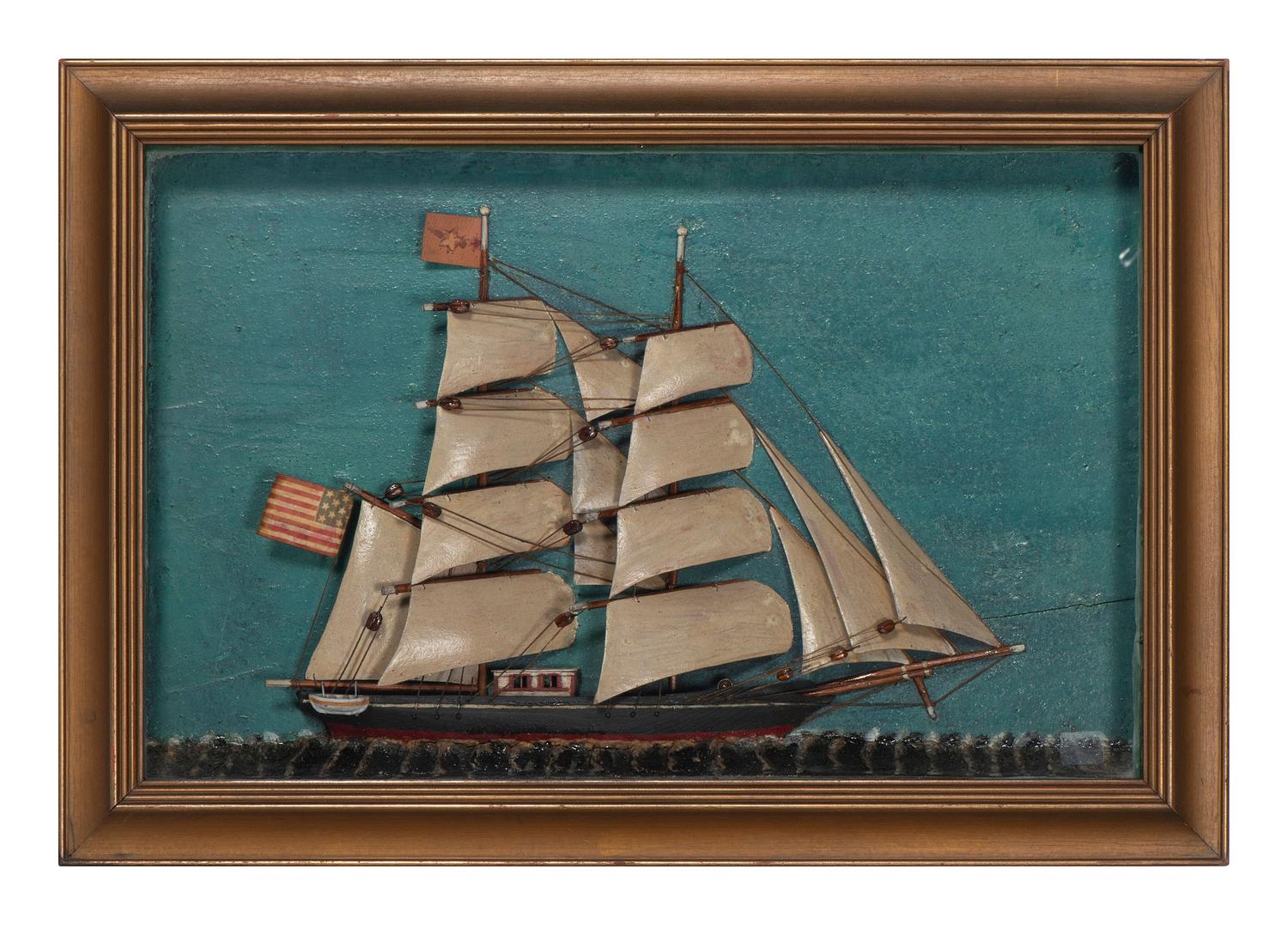A Carved and Painted Wood Ship Diorama
