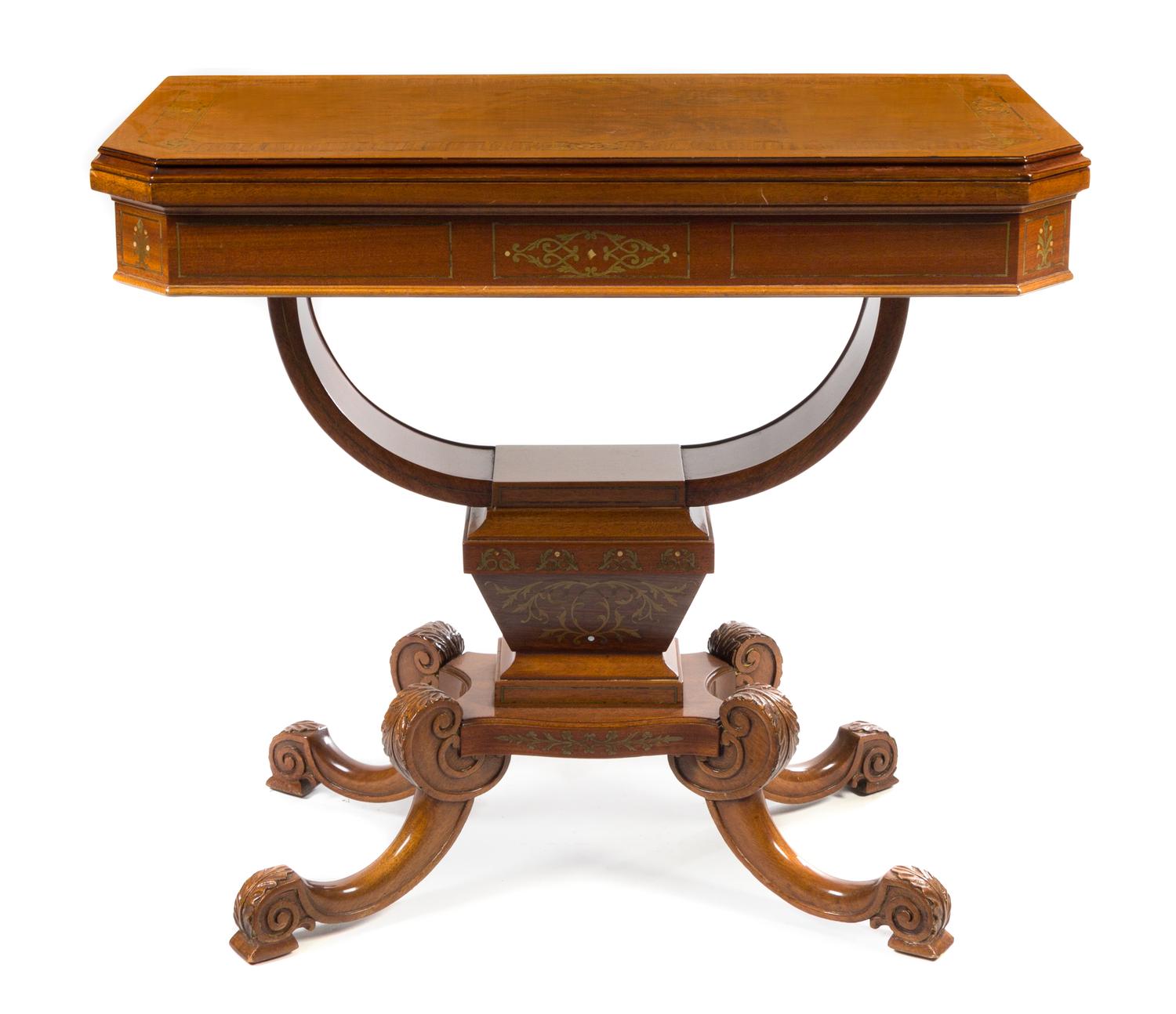 A Pair of Neoclassical Brass Inlaid Rosewood and Mahogany Game Tables Height 30 1/2 x width 35 x depth 18 inches. — LATE 19TH/EARLY 20TH CENTURY
