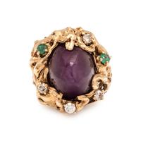BRUTALIST, YELLOW GOLD, RUBY, DIAMOND AND EMERALD RING