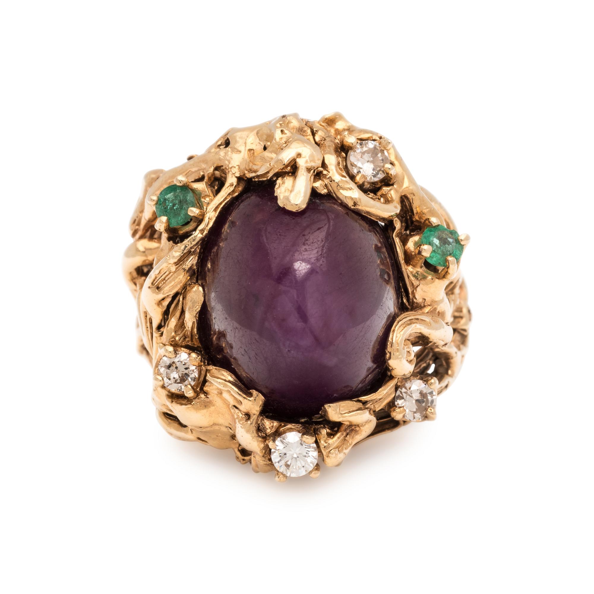 BRUTALIST, YELLOW GOLD, RUBY, DIAMOND AND EMERALD RING