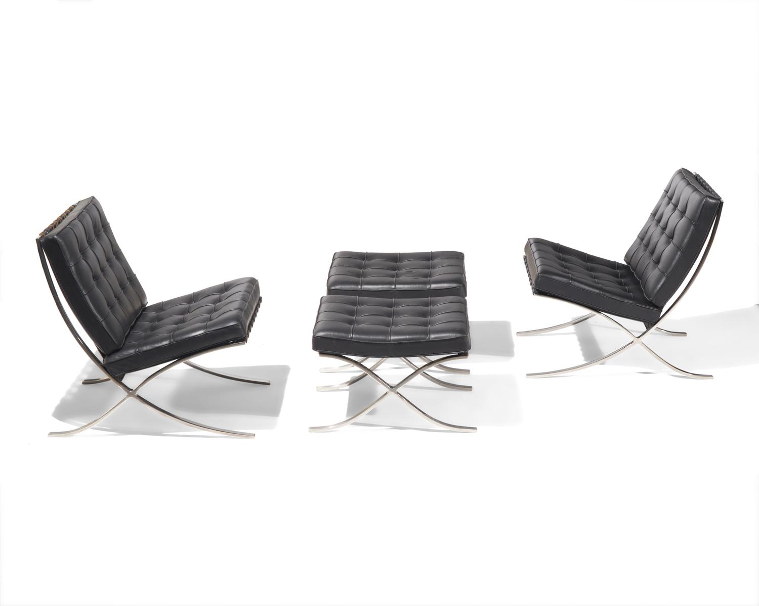 Pair of Barcelona-Style Chairs and Ottomans