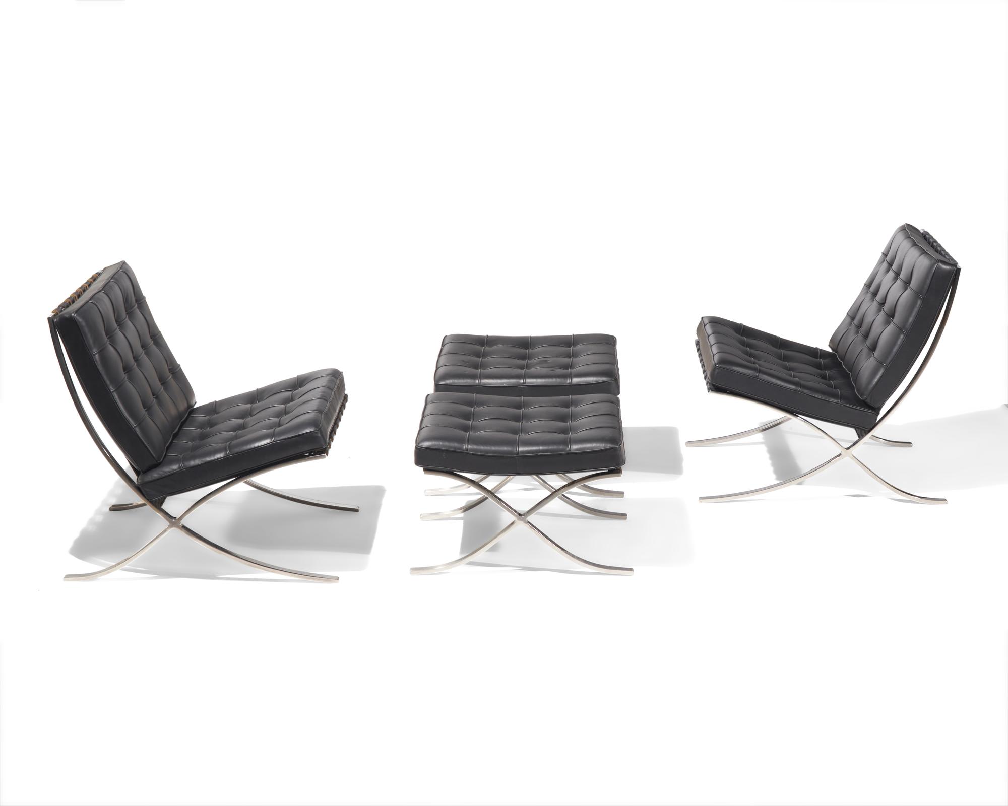 Pair of Barcelona-Style Chairs and Ottomans