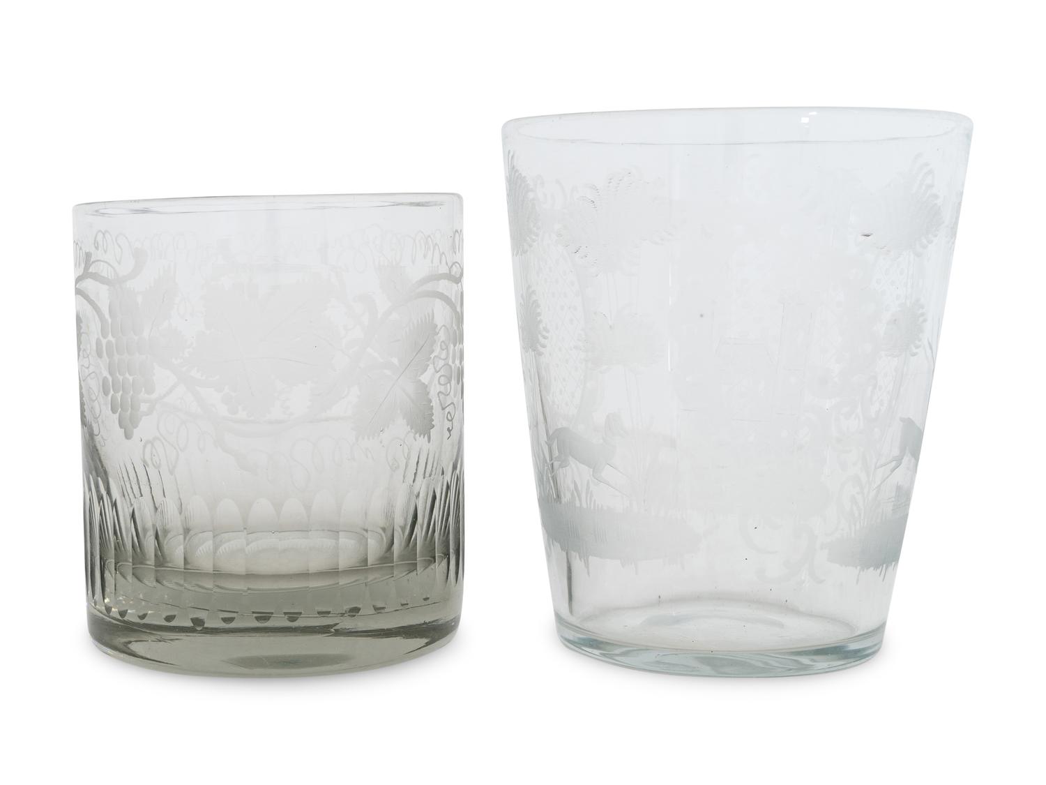 A Pair of Large Georgian Etched Glass Tumblers