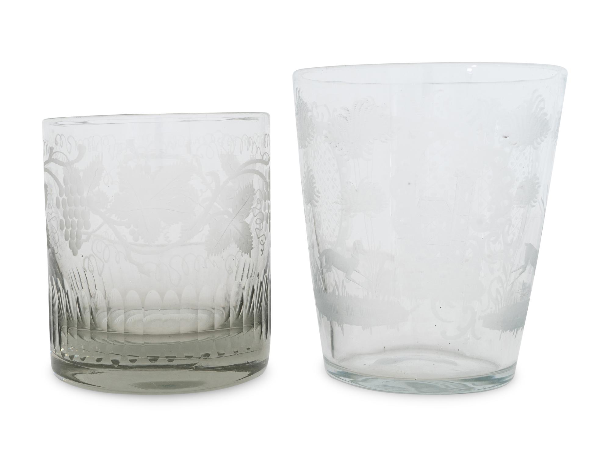A Pair of Large Georgian Etched Glass Tumblers