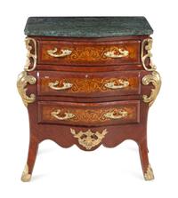 A Near Pair of Régence Style Gilt Metal Mounted Inlaid Kingwood Marble-Top Bombe Commodes