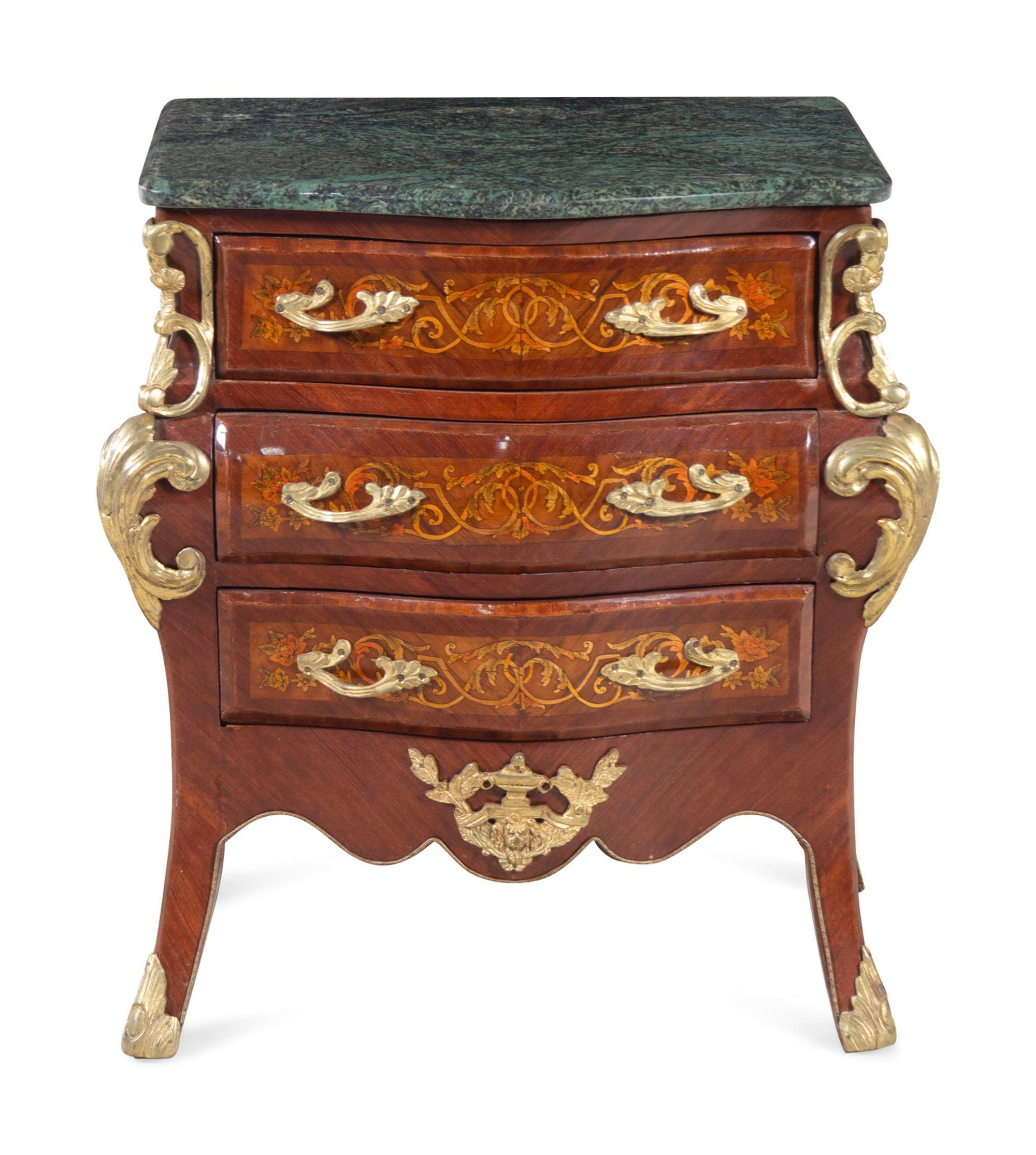 A Near Pair of Régence Style Gilt Metal Mounted Inlaid Kingwood Marble-Top Bombe Commodes