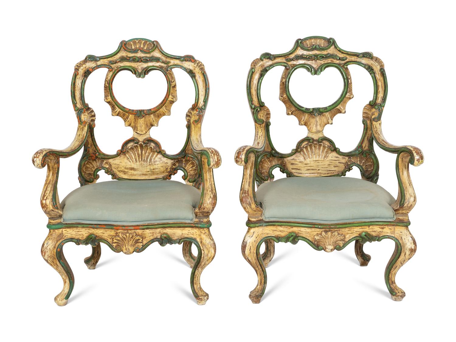 A Pair of Venetian Grotto Style Paint Decorated Armchairs