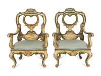 A Pair of Venetian Grotto Style Paint Decorated Armchairs