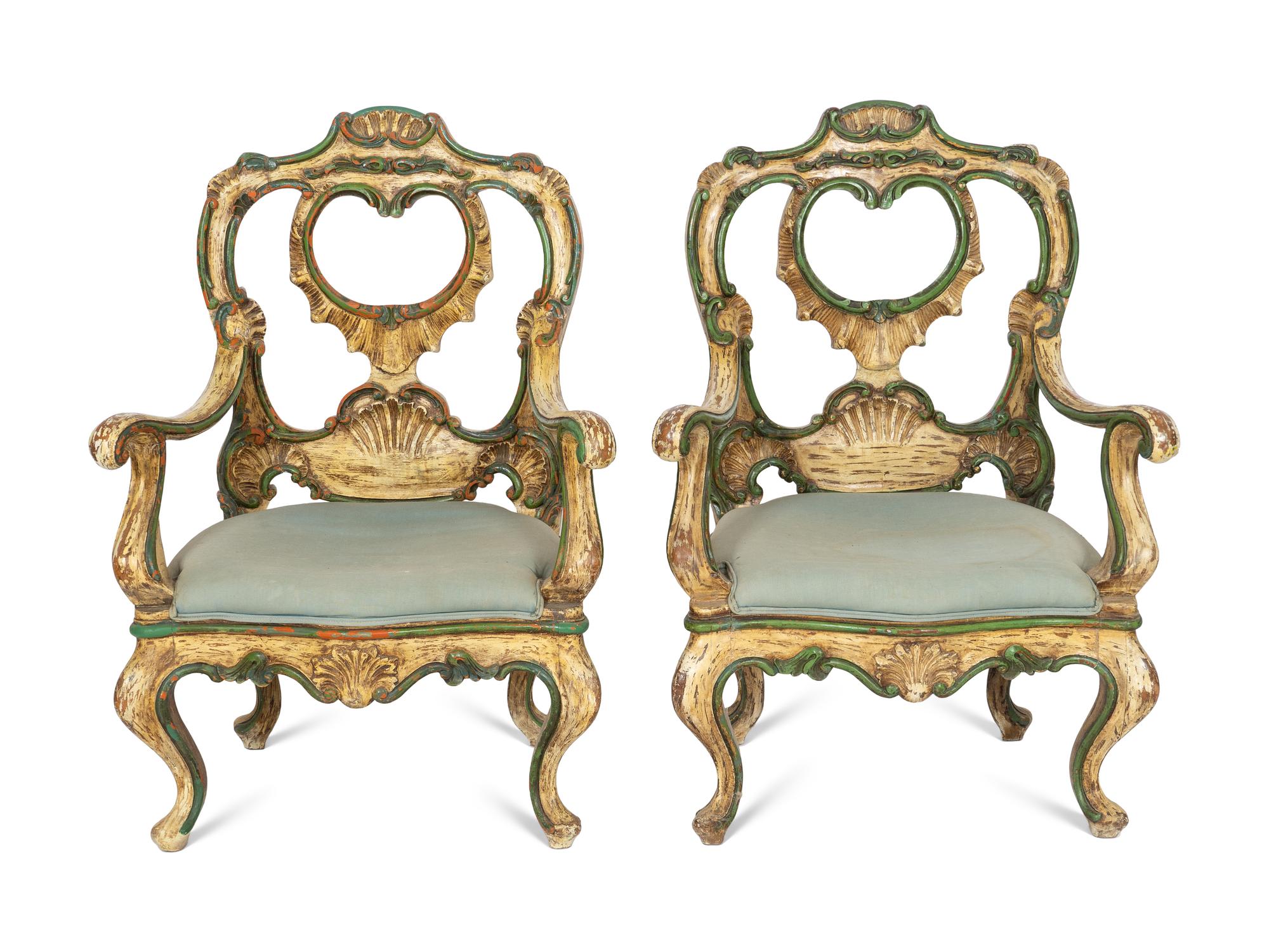 A Pair of Venetian Grotto Style Paint Decorated Armchairs