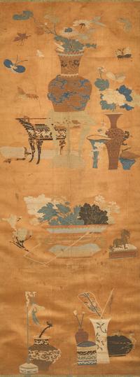 A Chinese Apricot Ground Kesi Silk 'Bogu' Panel, Qing Dynasty — 清 杏子地緙絲博古圖挂屏