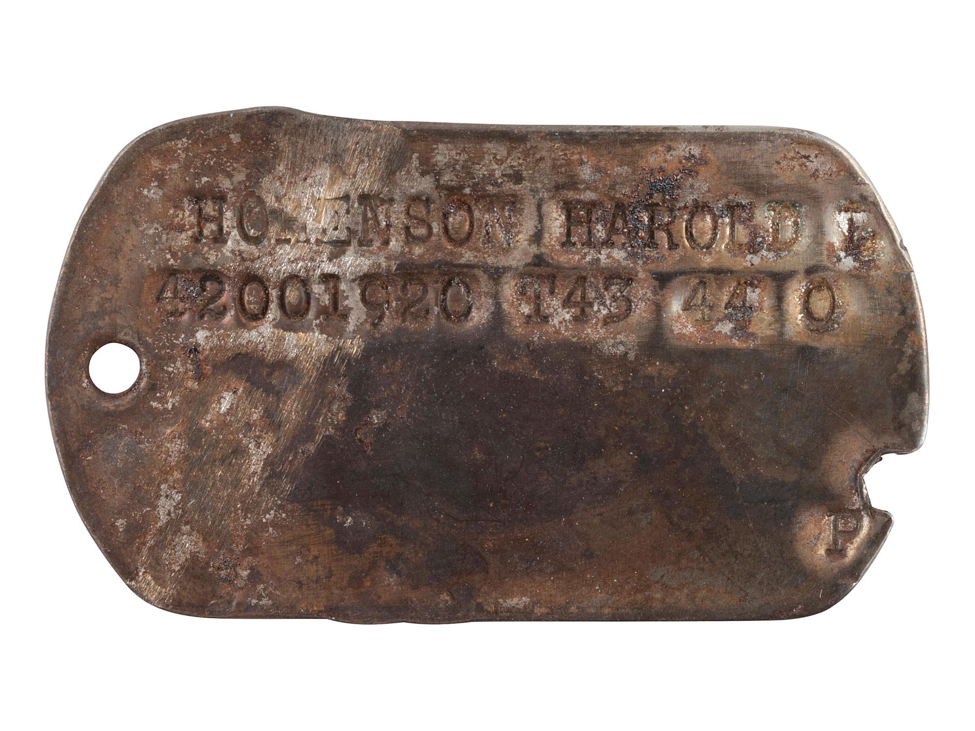 [WWII]. "Dog Tag" of Sgt. Harold Hokenson, KIA 2-6-45. [ With :] Additional war-era ephemera.