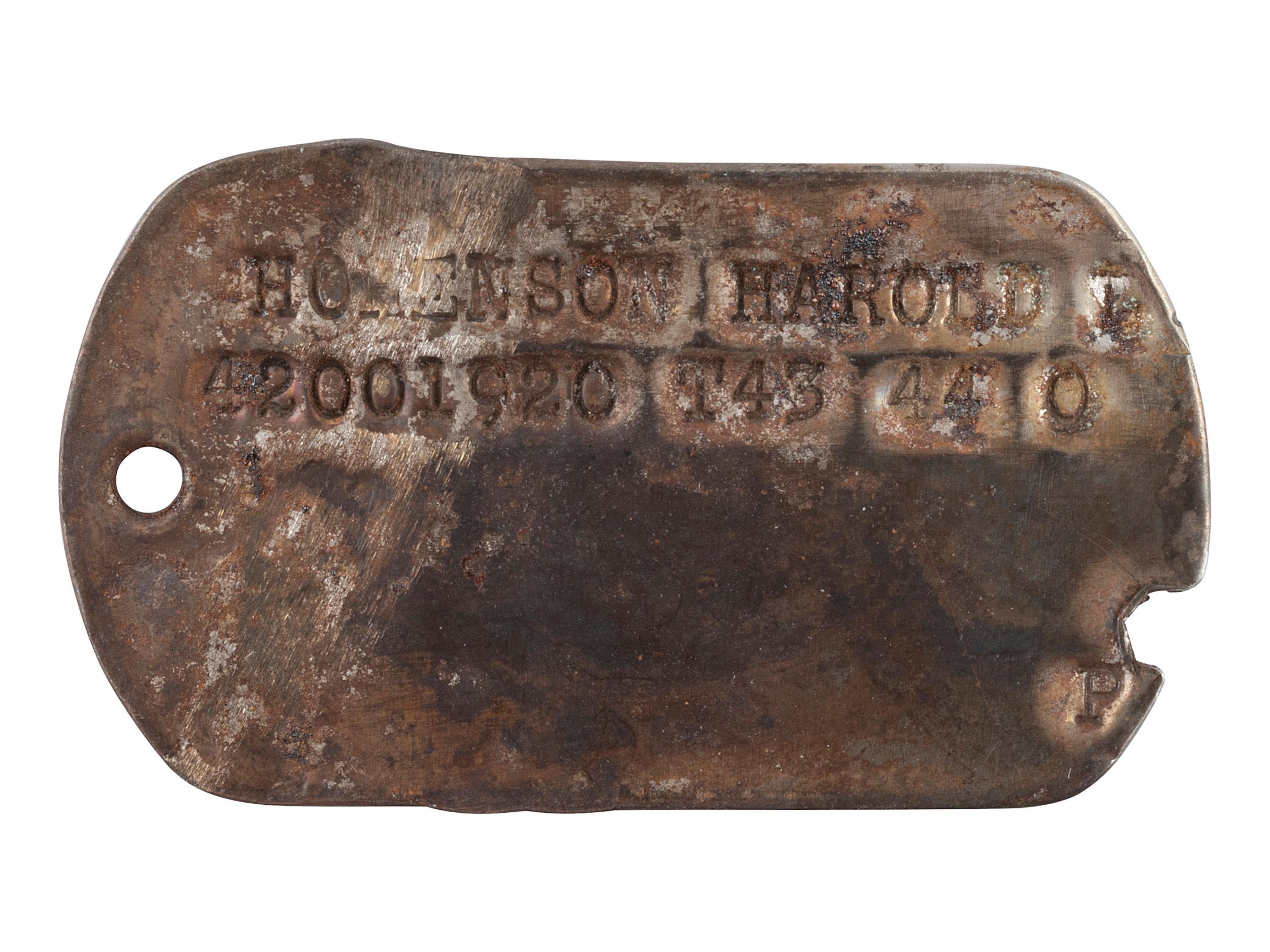 [WWII]. "Dog Tag" of Sgt. Harold Hokenson, KIA 2-6-45. [ With :] Additional war-era ephemera.