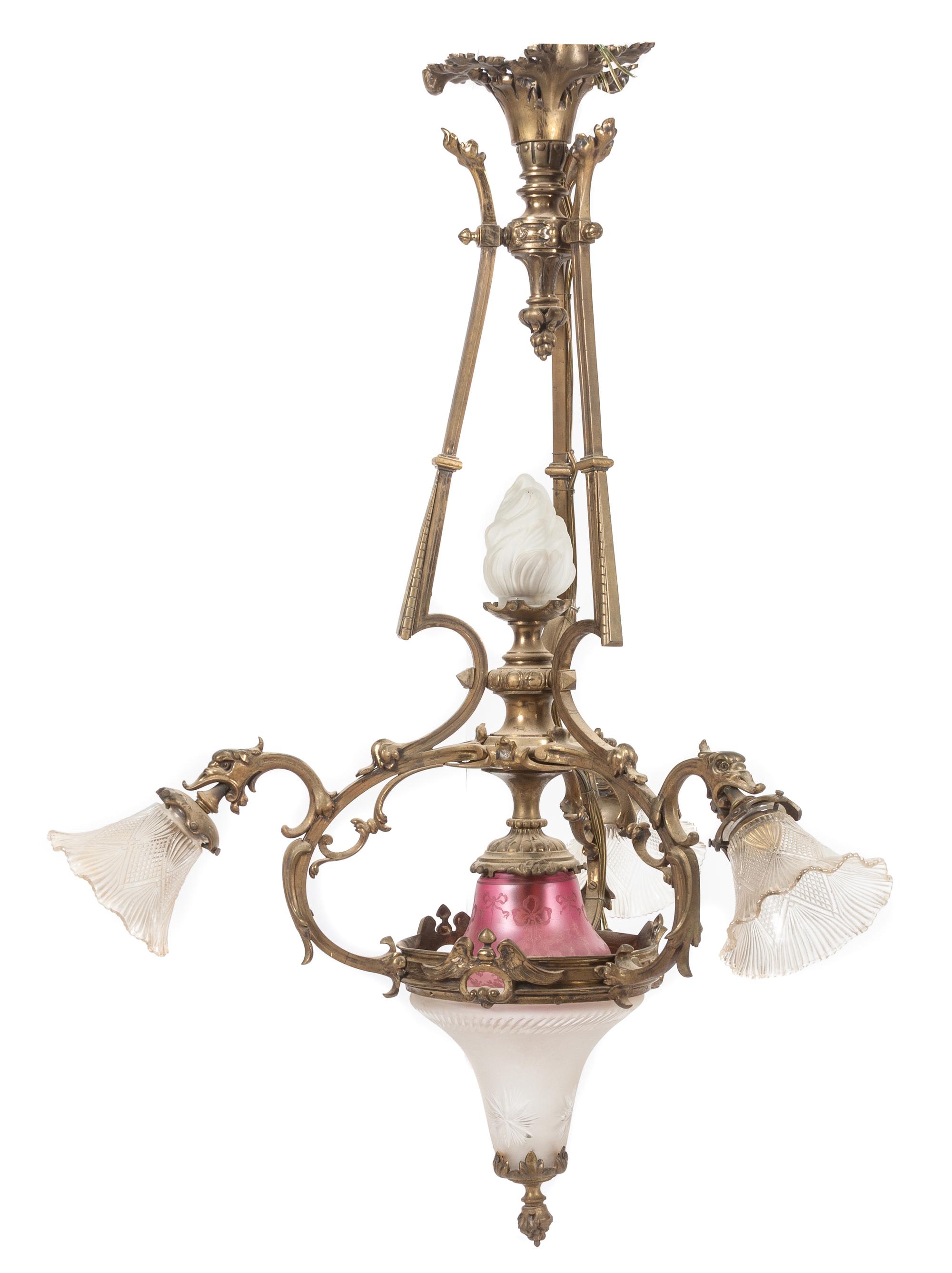 A Victorian Gilt Metal and Frosted Glass Five-Light Fixture Height 41 inches. — 19TH/20TH CENTURY