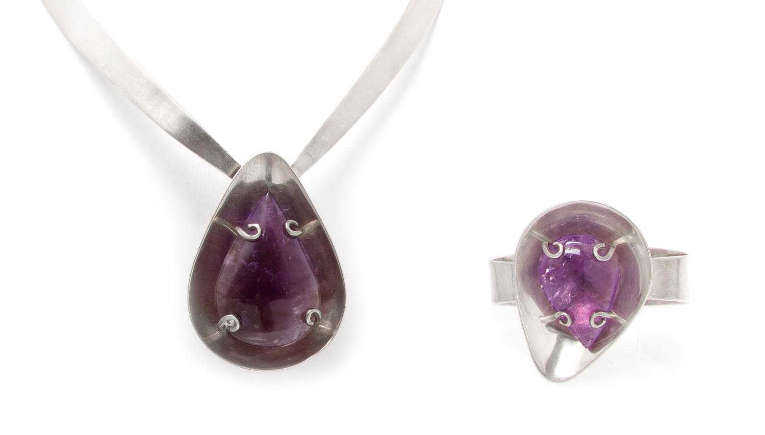 A Sterling Silver and Amethyst Demi Parure, Taxco, 109.60 dwts.